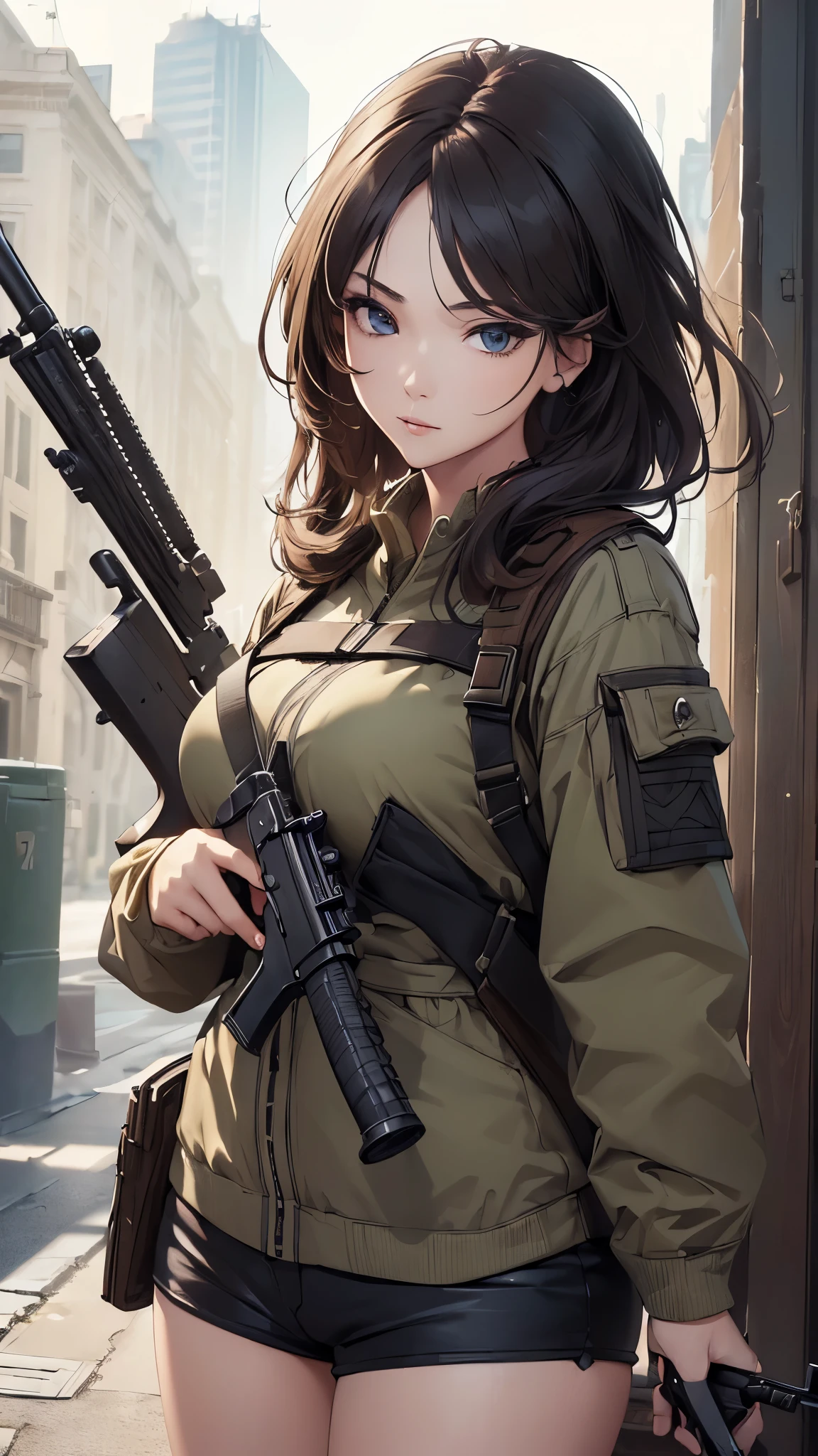 (((masterpiece))),(((High resolution)))、(((8K)))、(((perfect face)))、(((woman having a rifle)))、25 years old, look at the camera, thighs, ((top quality eyes)), ((detailed eyes)), ((detailed face)), (detailed texture)