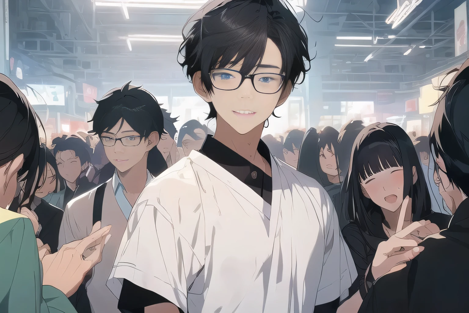 anime boy with black hair and glasses standing in a crowd, Artwork in the style of Guweiz, Tall anime man with blue eyes, Anime style, Young anime man, Digital anime illustration, inspired by Yanjun Cheng, anime boy, Anime style, Smooth anime CG art, Anime handsome man, Anime portrait of a handsome man, Aesthetic award-winning anime，Training Hall，indoor，Black T-shirt