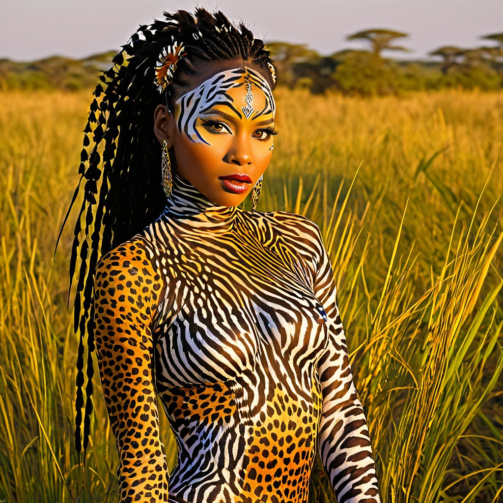 (sexy nubile women,african wildlife,day on the plains),beautiful detailed eyes,beautiful detailed lips,extremely detailed eyes and face,longeyelashes,[wild style:0.9],[vivid colors],[photorealistic:1.37],[best quality,4k,8k,highres,masterpiece:1.2],[concept artists],roaring lions in the background,leopard spots on one woman as her body paint,tiger stripes on another woman as her body paint,eagle feathers in the hair of one woman as an accessory,tropical flowers woven into another woman's hair as an accessory,[sunlight:0.9],[golden hour lighting],[natural elements],[lush grasslands],[stunning landscapes],[dynamic poses],each woman in unique African animal-inspired attire,[traditional African patterns],[distinctive animal features],[animalistic grace],safari-themed surroundings,blend of femininity and wildlife strength,[strong and independent],captivating and empowering,[elegant movement],[mysterious atmosphere],[ethereal beauty],[freedom and wilderness],[harmony with nature]