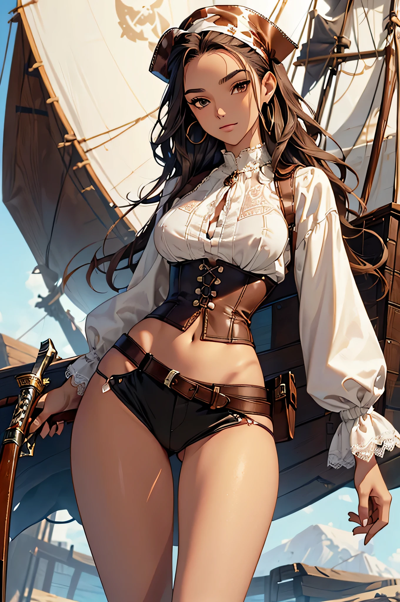 (masterpiece), best quality, expressive eyes, perfect face, (pirate ship background), (standing), (smirk), (closeup view), (1girl, selt, dark skin, tanned skin, black hair, wavy hairstyle, brown eyes, hourglass figure, thin body, skinny body, petite_body, small breasts, thick thighs, long fingernails, brown plaid head wrap, white front lace blouse, long sleeve, loose fit, brown leather corset, brown leather shorts, brown boots, sheathed cutlass sword, flintlock pistol in holster, hoop earrings, miscellaneous jewelry)