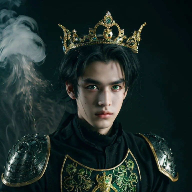 Man about 22 years old black hair green eyes wearing armor and a fallen crown with a black background with white smoke and a few drops of blood