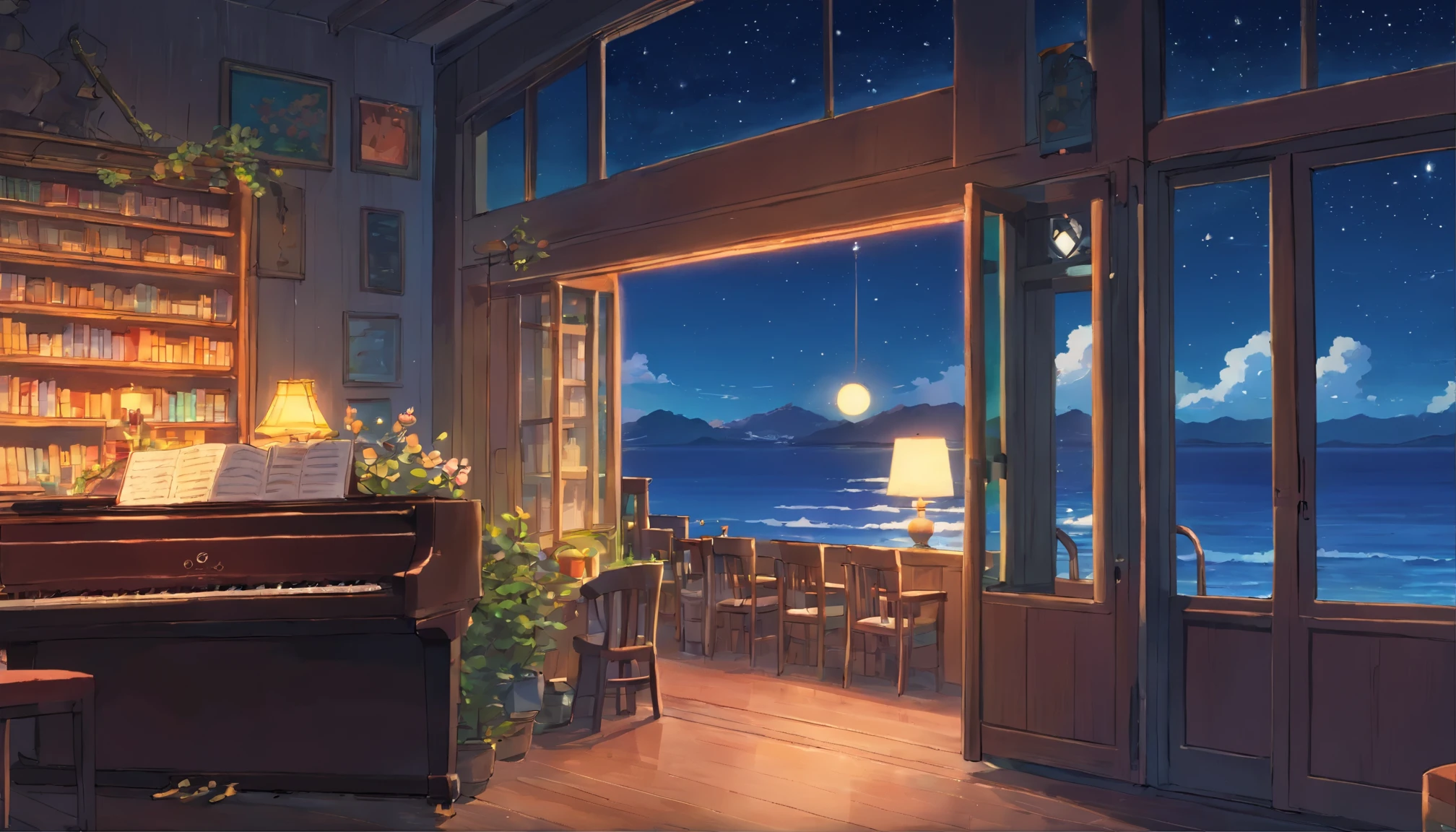 【最高masterpiece】Piano Jazz Bar, dream, Cherry tree in full bloom,Analog Color Theme, Lo-fi hip hop , magazine, flat, 2.5D ,Draw a line, Ink Painting, watercolor, Gouache Color, Very colorful, Outerton, Krautlock, Lofi Art,Old Texture, amplitude,Psychedelic atmosphere, masterpiece, Technology of Wonders,Darken the room,A beautiful night seaside with a starry sky outside the window,Back view of a beautiful woman with medium-long hair standing by the sea