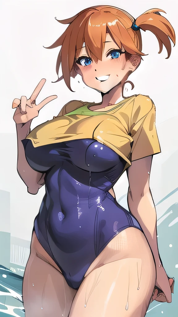 masterpiece、highest quality、One beautiful girl、Big Breasts、T-Shirts、spats、Grinning、Sweaty、Wet costume
