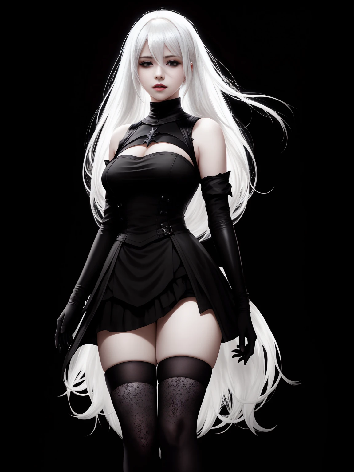 there is YoRHa No. 2 Type B , white hair, alluring expression, very bold, upper visible, full body photo, standing legs apart, pale translucent glowing skin, most beautiful face, cute, ((dark plain black background:1.4))