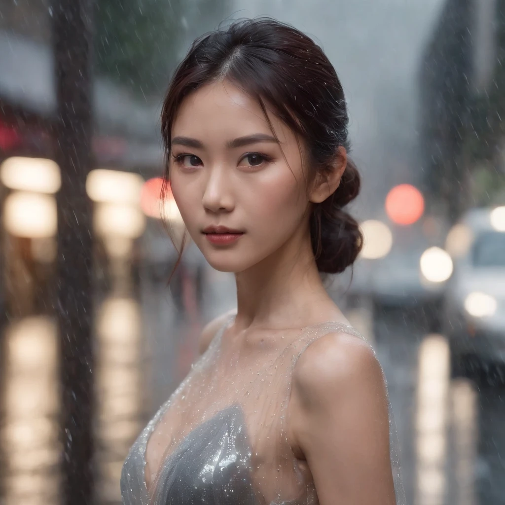 Beautiful sexy young Japanese woman, wearing thin transparent dress, walking on city street, heavy rain, ultra realistic image, photography, ultra HD, high resolution, lighting pro