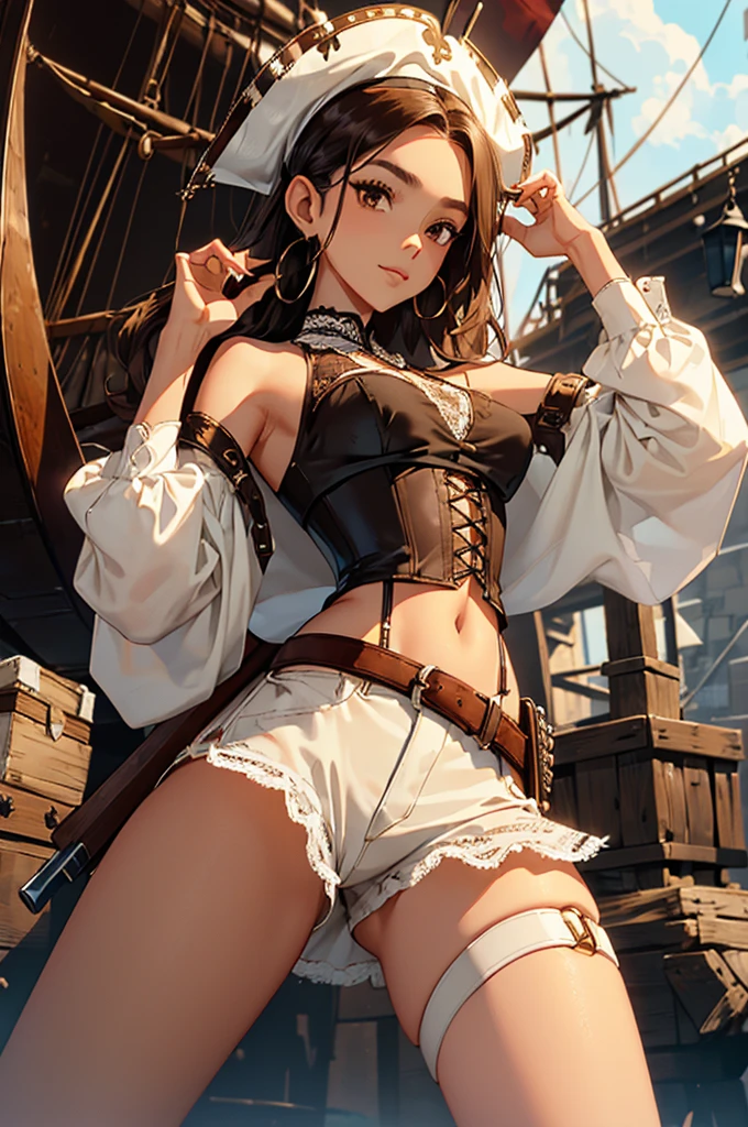 (masterpiece), best quality, expressive eyes, perfect face, (pirate ship background), (standing), (smirk), (closeup view), (1girl, selt, dark skin, tanned skin, black hair, wavy hairstyle, brown eyes, hourglass figure, thin body, skinny body, petite_body, small breasts, thick thighs, long fingernails, brown plaid head wrap, white front lace blouse, long sleeve, loose fit, brown leather corset, brown leather shorts, brown boots, sheathed cutlass sword, flintlock pistol in holster, hoop earrings, miscellaneous jewelry)