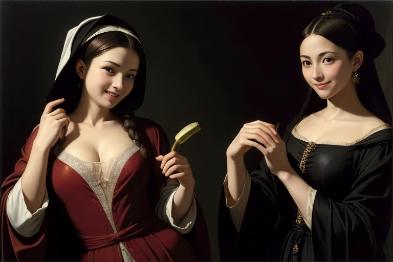 Cucumber,banana,eggplant,antique,A smile,,Sweet and seductive look.、Chiaroscuro of Caravaggio,Two women frolicking,cute smile, expression of ecstas, wearing robe gamis.