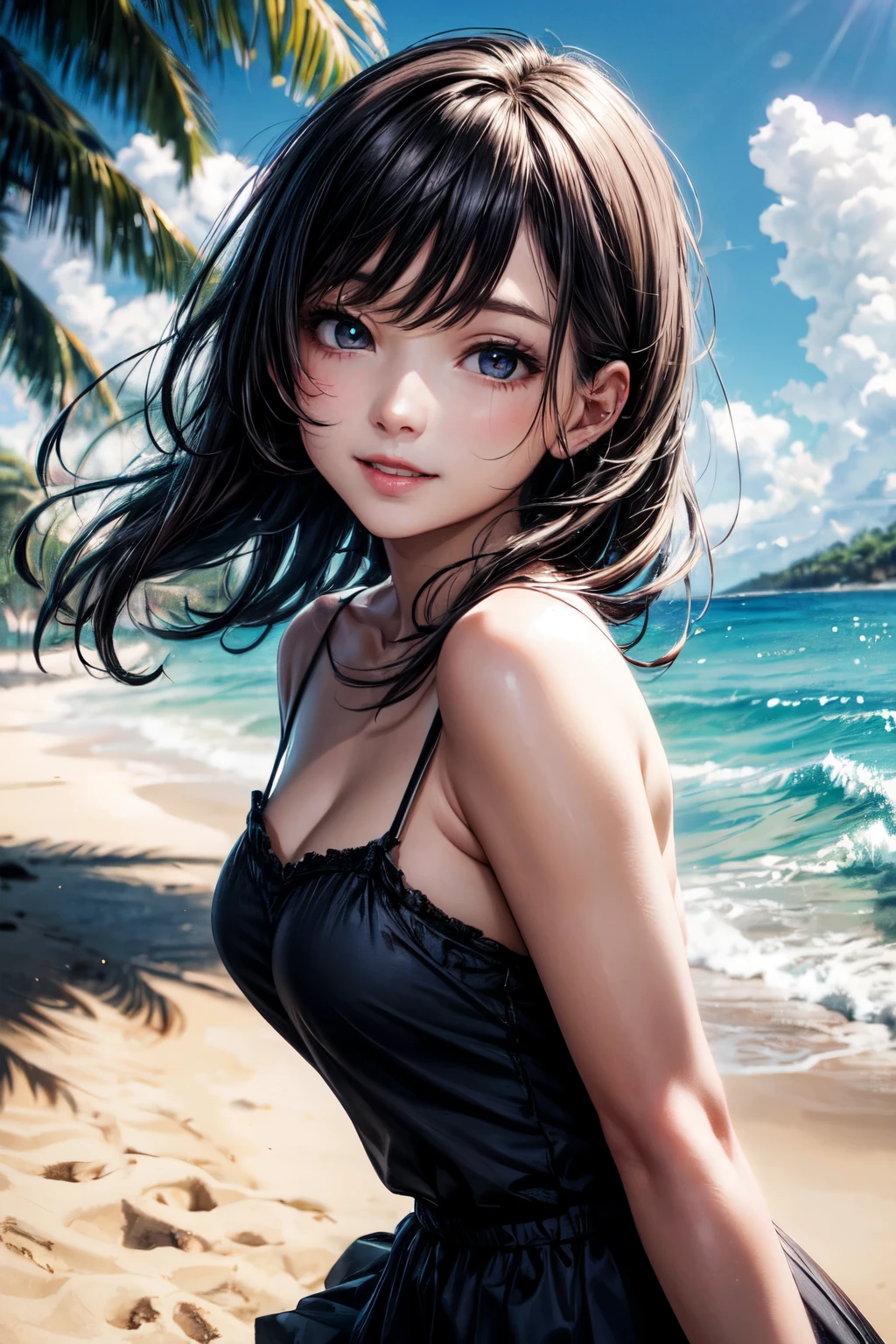 very cute and beautiful girl,(highly detailed beautiful face and eyes),camisole,cute ruffle petticoat,
(smile),happy,looking at viewer,black hair,beach,tropical resort,
(best quality,masterpiece),absurdres,highres,ultra-detailed,extremely detailed,32k,8k resolution,
intricate details,cinematic scene,detailed background,solo,dynamic angle,
natural lighting,hair fluttering in the wind,beautiful detailed sky,