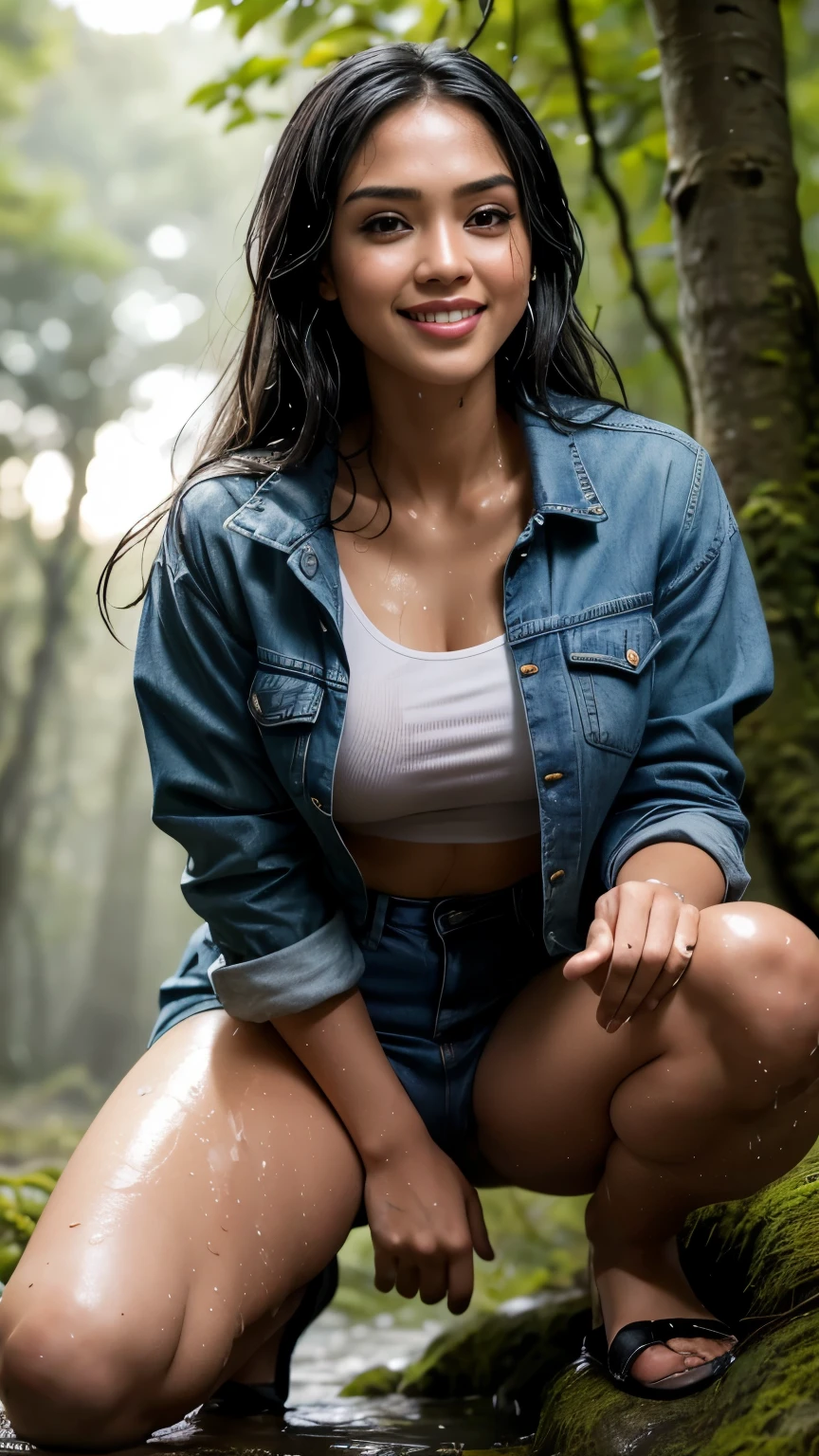 RAW, Best quality, high resolution, masterpiece: 1.3), beautiful Malay woman in raincoat, high resolution, Masterpiece: 1.3,  Masterpiece, Soft smile,  black hair, crouching on rock, raining, vines all around, giant and wet trees ,bright sunshine, denim jacket unbuttoned, crop top, long pants, highres,4k,HDR,1girl, photorealistic, realistic,sweat skin, wet clothes, wet body, big breast, ((full body))soaked, dripping, smiling at viewer, closeup