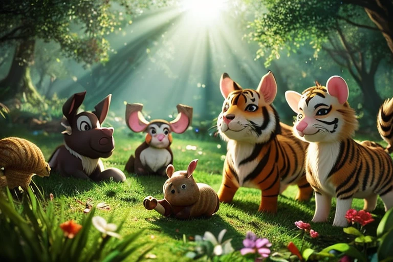 A picture of a group of animals in a forest at night, Fantastic realism, woodland, Living things, Cute animal kids, Fairytale animals, Full of fauna, Forest Night, Beautifully detailed animals, very cute, かわいいLiving things, at night forest, Whimsical Forest, Living things, Dream Animals, Cute eyes, Big eyes, Bright fauna,
rabbit、horse、monkey、bird、owl、Tiger、dog、pig、mouse、ox、Sheep kids。