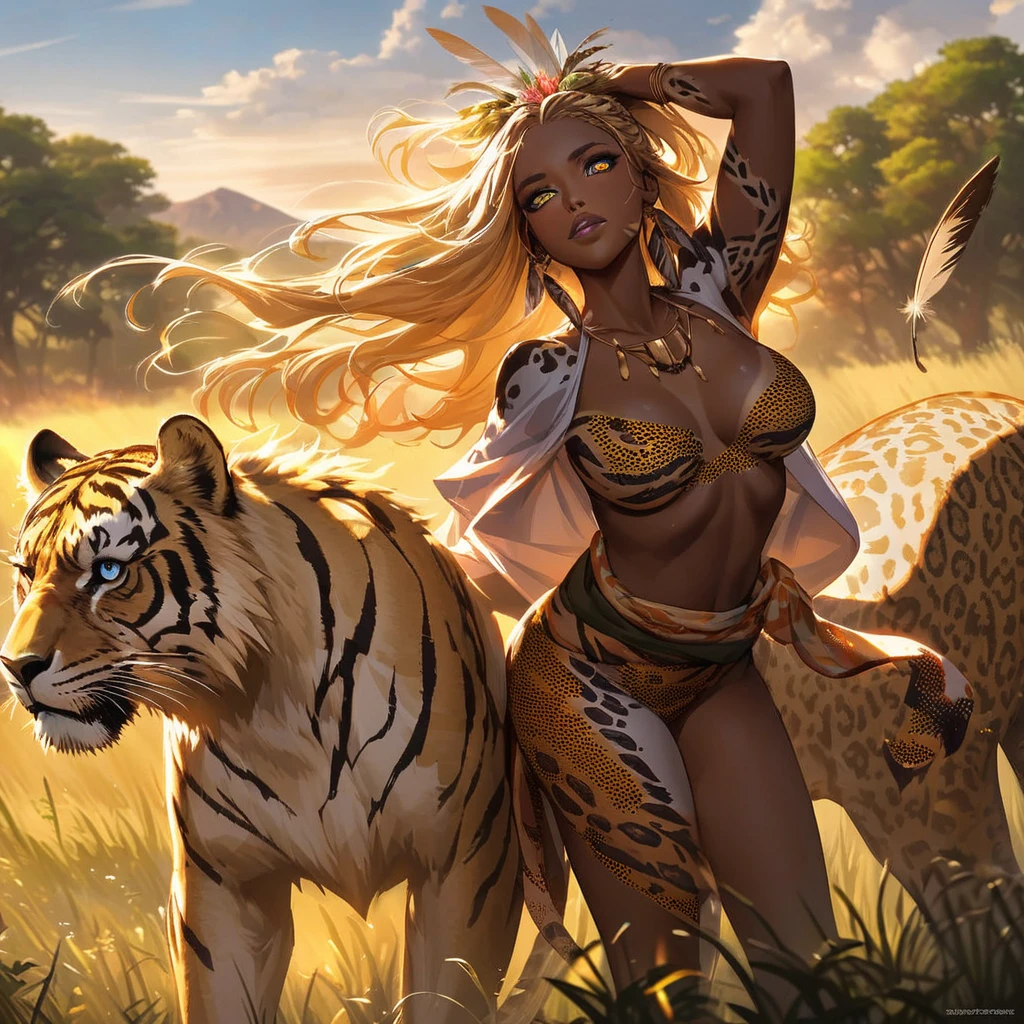 (sexy nubile women,african wildlife,day on the plains),beautiful detailed eyes,beautiful detailed lips,extremely detailed eyes and face,longeyelashes,[wild style:0.9],[vivid colors],[photorealistic:1.37],[best quality,4k,8k,highres,masterpiece:1.2],[concept artists],roaring lions in the background,leopard spots on one woman as her body paint,tiger stripes on another woman as her body paint,eagle feathers in the hair of one woman as an accessory,tropical flowers woven into another woman's hair as an accessory,[sunlight:0.9],[golden hour lighting],[natural elements],[lush grasslands],[stunning landscapes],[dynamic poses],each woman in unique African animal-inspired attire,[traditional African patterns],[distinctive animal features],[animalistic grace],safari-themed surroundings,blend of femininity and wildlife strength,[strong and independent],captivating and empowering,[elegant movement],[mysterious atmosphere],[ethereal beauty],[freedom and wilderness],[harmony with nature]
