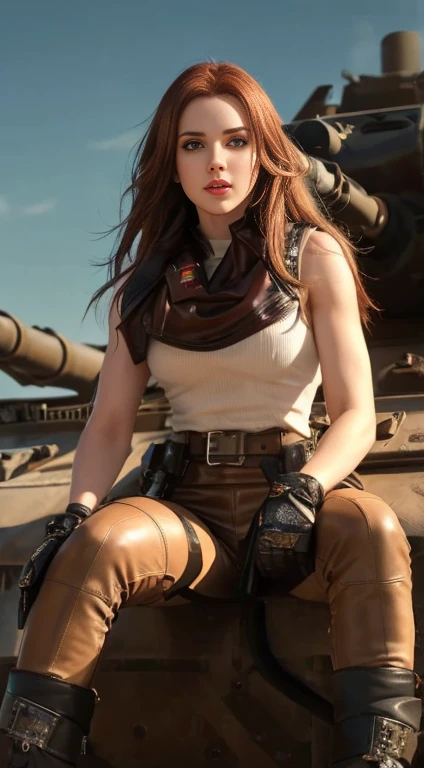 A woman sitting on top of a tank in leather pants, young beautiful amouranth, amouranth, Leather, mais conhecido como Amouranth, leathery, quiet from metal gear solid v, leather clothing and boots, in a soldier uniform, clothed in military armor, quiet from metal gear solid, military girl
