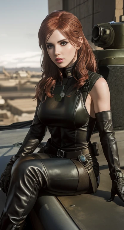 A woman sitting on top of a tank in leather pants, young beautiful amouranth, amouranth, Leather, mais conhecido como Amouranth, leathery, quiet from metal gear solid v, leather clothing and boots, in a soldier uniform, clothed in military armor, quiet from metal gear solid, military girl
