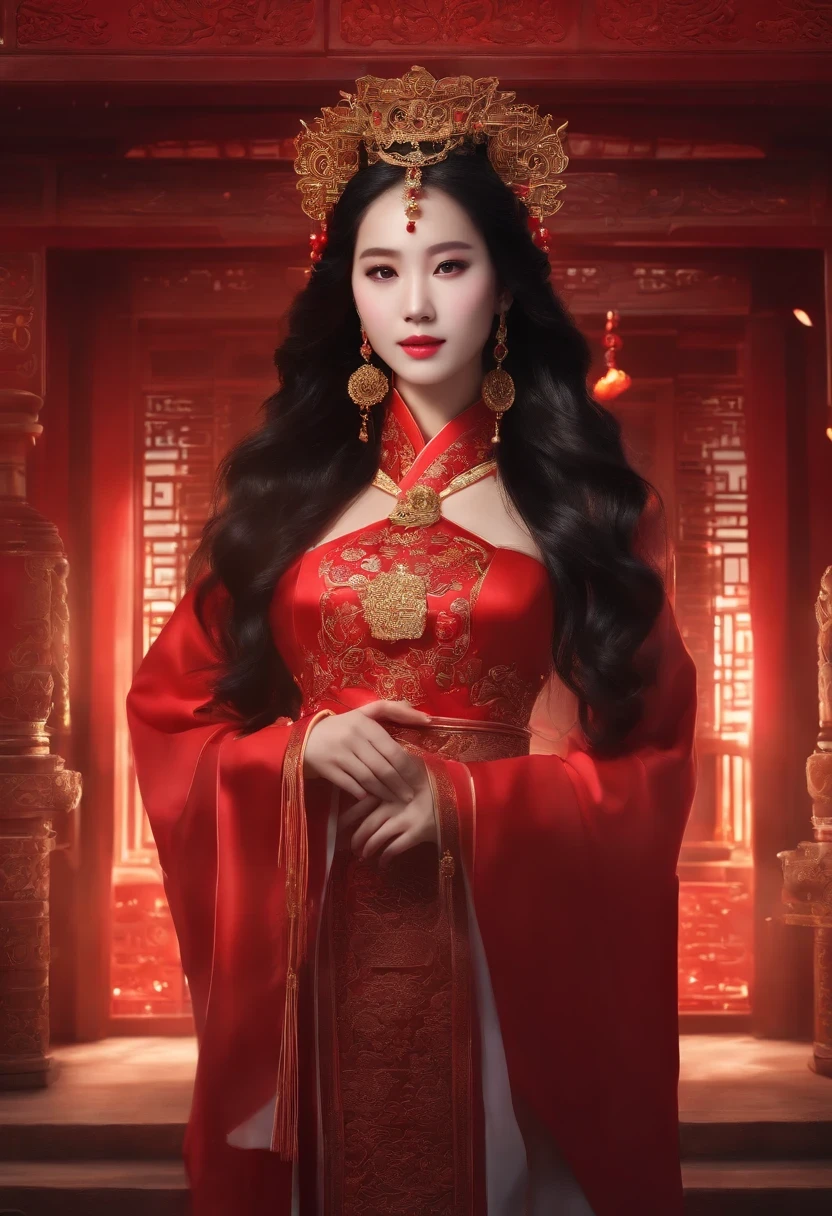 (masterpiece, highest quality, highest quality, Official Art, beautifully、aesthetic:1.2), girl, Detailed face, Long black hair, whole body, Chinese Goddess, Red traditional costume,Violet Corset, Cosmic, very beautiful, High resolution, (In the background is a Chinese shrine), Glowing effect, Most detailed, Suspended particles, , Geometric pattern, Void 3 Energy , where, Shadow, Spectacular atmosphere, Our Lady, Golden God Ornament,　Beautiful accessories made of agate and jade, smile, kind, Halo, Sparkling, laughing, mysterious