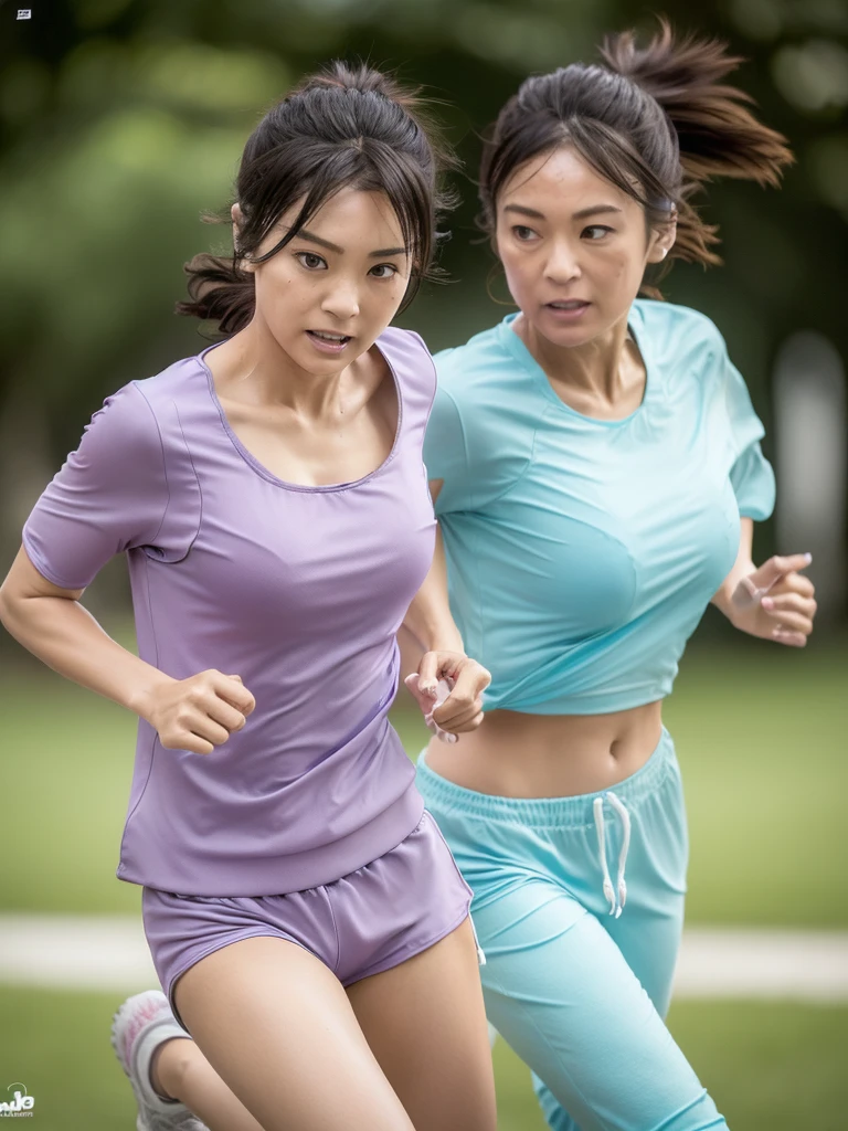 ((Top Quality)), ((8K)), ((Masterpiece: 1.3)), (Perfect Appearance), (Photorealism: 1.6), (Japanese woman jogging: 1.6), (clear background), (perfect jogging form), A crowd of joggers in the background, japanese woman, (48 years old), ((Standing upright, facing forward, center of screen)), ((Realistic skin texture)), (Fine wrinkles throughout the skin: 1.3), (Dull skin: 1.1), (Skin without moisture: 1.2) , (Wrinkles on the face: 0.9), (Wrinkles on the corners of the eyes: 1.2), Double eyelids, tear bags on the lower eyelids, (Crying moles: 0.9), gaze looks straight ahead, (Dimples: 1.2), straight medium length, ponytail, Sun visor, Functional T-shirt that fits your body perfectly, T-shirt damp with sweat, running tights and shorts, running shoes, (whole body: 1.3), (low angle: 1.4),
