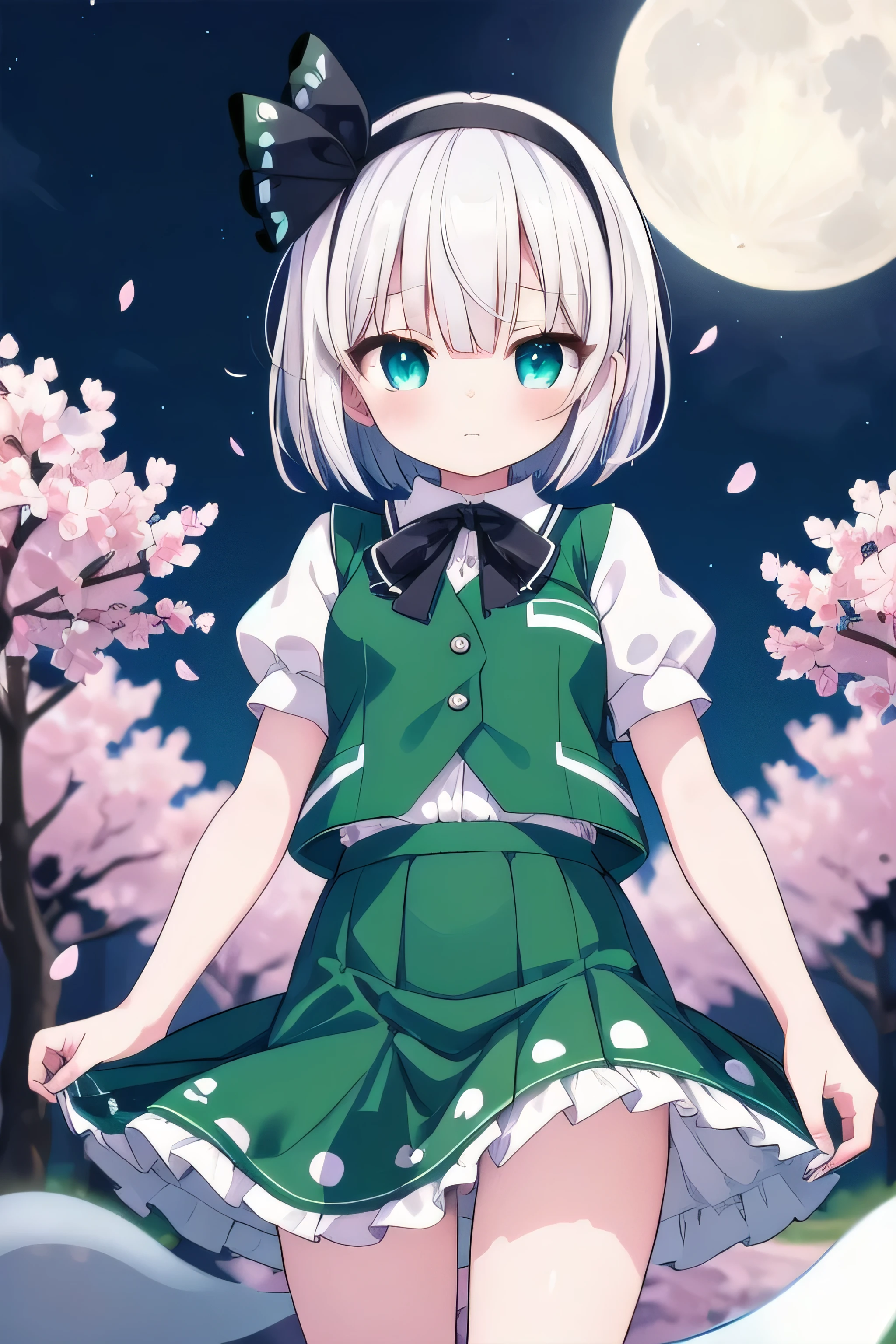 masterpiece, top quality, super detailed, CG illustration, high resolution, better lighting, best shadows, very delicate and beautiful, proper shading, hd, 8k,konpaku youmu (ghost), konpaku youmu, 1girl, solo, looking at viewer, short hair, bangs, blue eyes, skirt, shirt, ribbon, holding, closed mouth, hair ribbon, white shirt, flower, white hair, short sleeves, hairband, outdoors, puffy sleeves, vest, puffy short sleeves, black ribbon, night, moon,black hairband, cherry blossoms, green skirt, butterfly, skirt set, pink flower, hitodama, green vest
