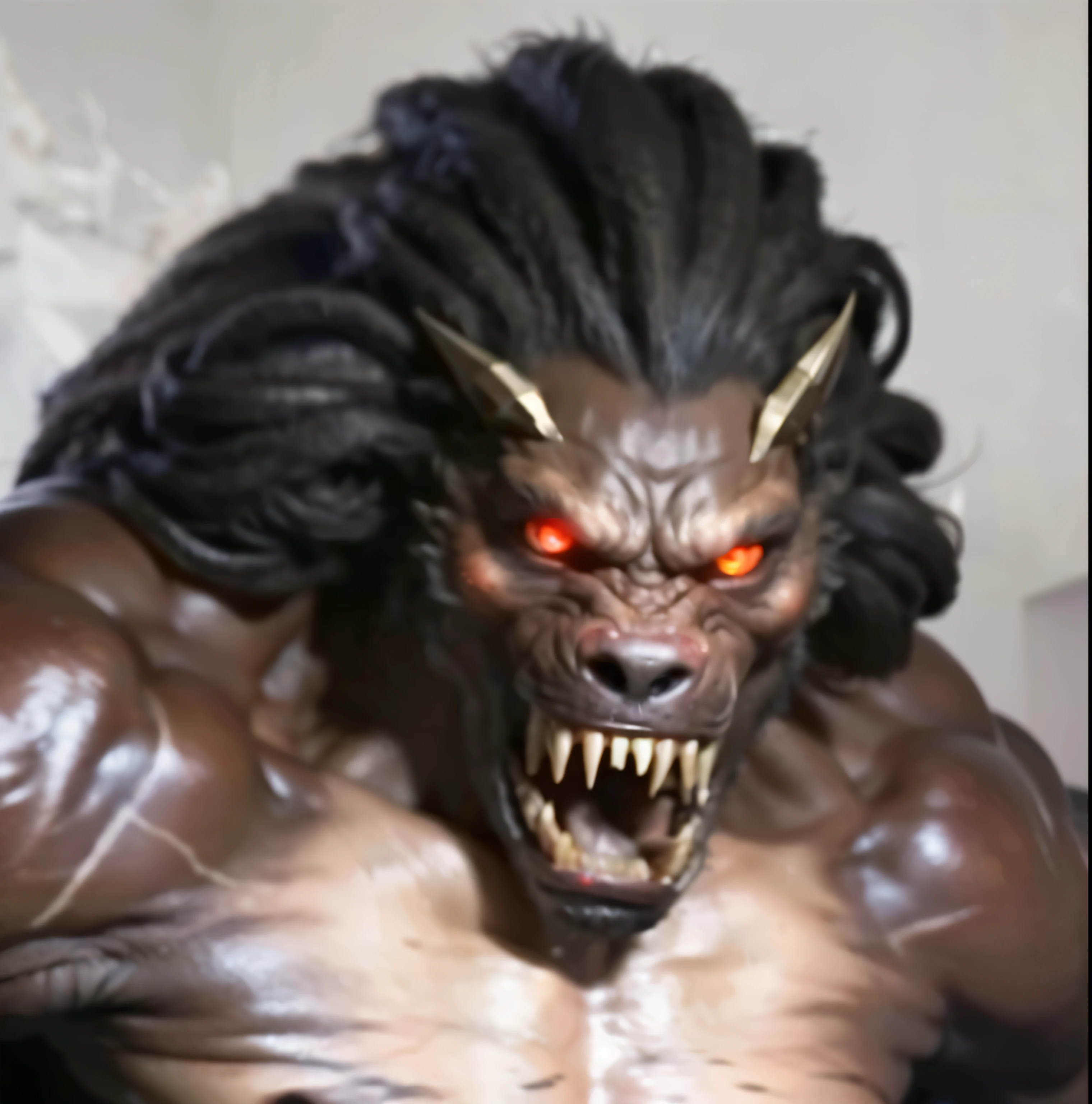 (masterpiece),(best quality:1.0),(ultra high resolution:1.0),monster, werewolf, menacing look, dreadlock, red eyes , fangs, torn ejans,  rough skin, muscular body, vein, wolfteam, face focus, 8k wallpaper, simple background, detailed monstrous face