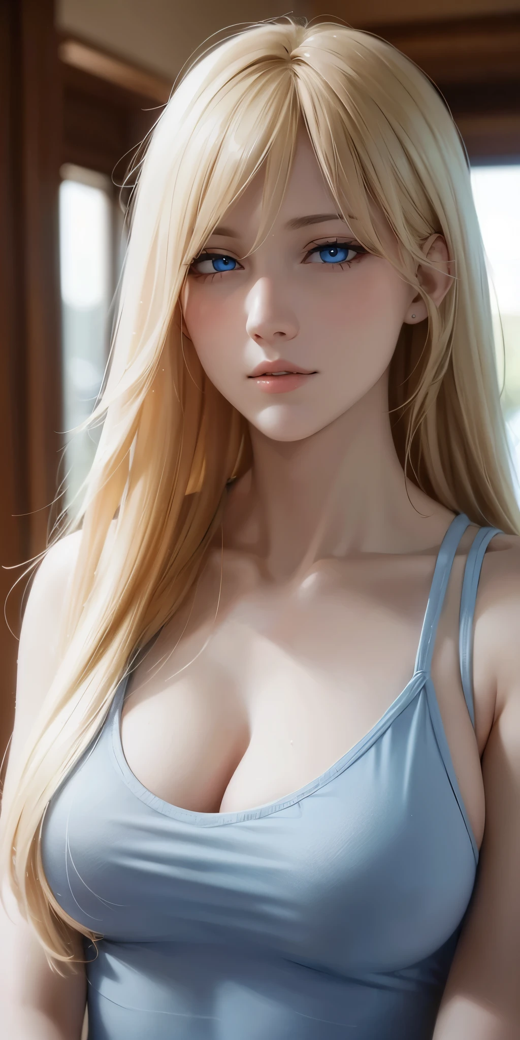 Upper body, elegant, adult woman, long neck, long blonde hair, bangs, tank top, cleavage, blue eyes, soft light, high quality, 4k resolution