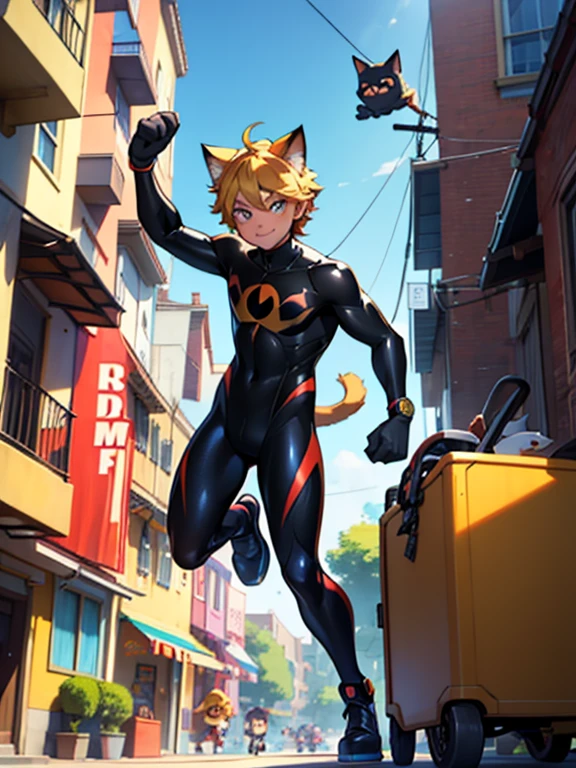 cat noir, golden hair, a close up of a boy in a cat suit with a roller coaster in the background, miraculous ladybug, miraculous, catboy, animated film, animated movie, new cats movie, frame from pixar movie, 3 d animated movie, animated movie still, anime catboy, animated movie scene, pixar movie screenshot, marvelous, cat boy, animated movie shot, beautiful young catboy