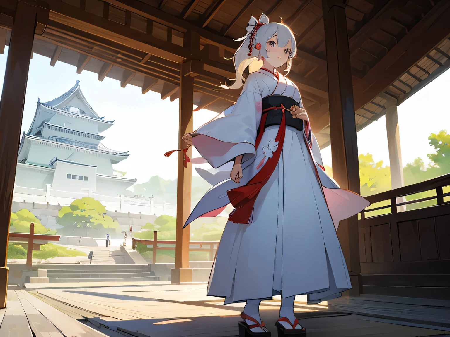 A woman in a traditional Japanese dress touring Himeji Castle。