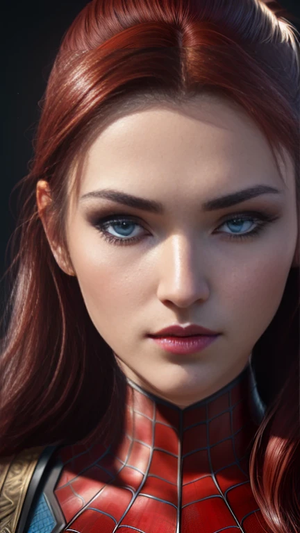 ((three-quarters of body)), ((high ponytail)), (RAW, analogue, Nikon Z 14mm ultra wide angle lens, award-winning glamor photography, ((best quality)), (masterpiece), ((realistic)), skin pores, subsurface scattering, light rays radiant, high resolution, detailed facial features, high detail, sharp focus, soft, aesthetic, extremely detailed (extremely detailed eyes, extremely detailed iris), extremely detailed hair, extremely detailed skin, extremely detailed clothing, octane rendering, photorealistic, realistic , post-processing, maximum detail, realistic shadows, roughness, natural skin texture, real life, ultra-realistic, photorealism, photography, 8k UHD, photography, hdr, intricate, elegant, highly detailed, sharp focus, stunning, beautiful, magnificent), detailed and Beautiful and realistic 24 year old girl like Marvel's Spiderman, ((blue eyes)), makeup, soft red painted lips, full body visible, (red hair), realistic skin, photorealistic, realistic and cinematic shot (wallpaper CG unity 8k extremely detailed), trending on ArtStation, trending on CGSociety, high detail, sharp focus, dramatic background, beautiful, full shot, high quality, (beautiful face), (detailed face), detailed hands, beautiful hands