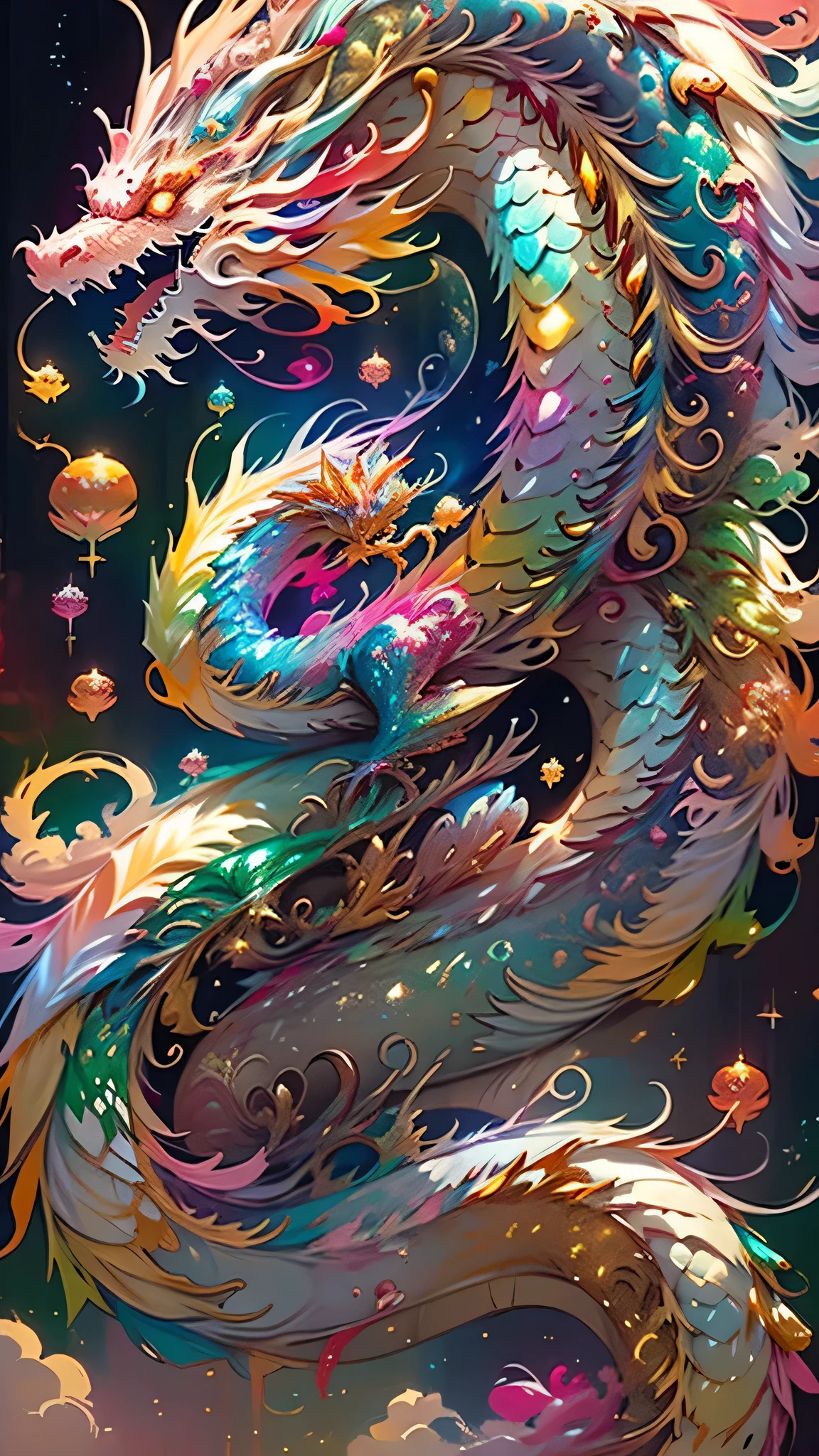 Golden Dragon。Rainbow glowing scales。The dragon god is coming。Golden Splash、milky way、god々々right、Staring straight ahead、Red Beard、Pastel rainbow colored dragon