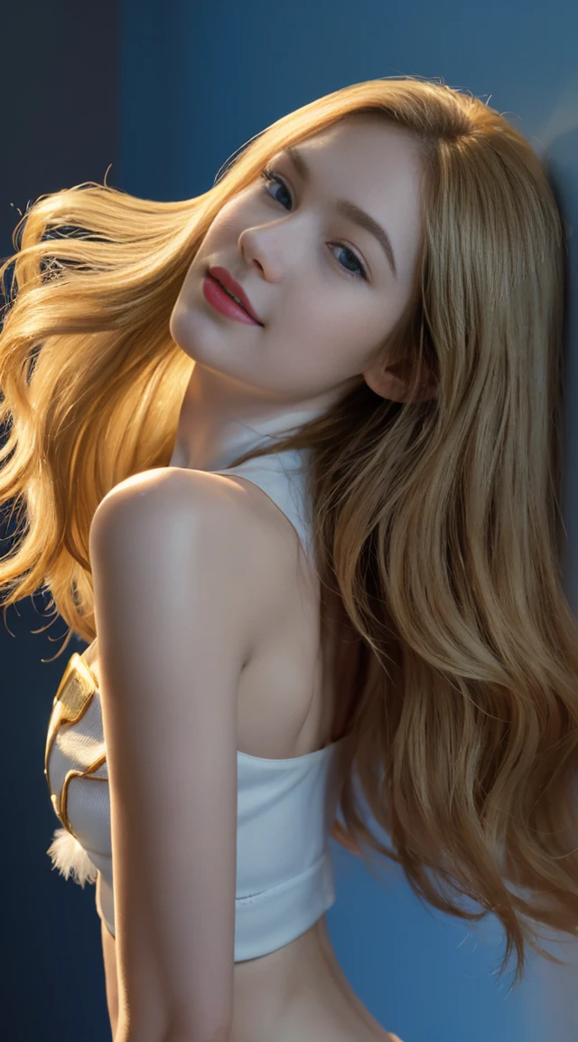 8K, Top Quality, Intricate Details, Ultra Detail, Ultra High Resolution, Masterpiece, random angle,  Slender, Smile, (Makeup: 0.4), (Fluffy Blue Eyes: 1.21), blue Eyes, looking at viewer, ((full body)), 1girl, solo, 1 girl, (( full body)), close up shot, , ((tall)), (((fit body))), (((slim face))), sharp face, sharp eyes, ((( golden hair, very long hair,  )) , (detailed face), sharp face, small lips, 
 ((angel wing )), ((crop top)),  detailed face, detailed breast, , large breast, detail ass, , Beautiful girl with accentuated slender abs: 1.4, Six Pack Abs: 1.4, Bust Botox, Big, Perfect Body, detail leg, (( in heaven)),