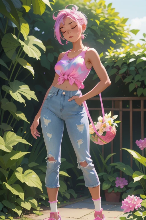 (masterpiece, best quality), 1girl, Watermelon pink Caesar Cut with High Fade, Size B breasts, Lilac Pink Tie-dye tank top and High-waisted denim jogger pants with a drawstring waist, tube socks, Standing in a garden, smelling a flower, with closed eyes, enjoying the fragrance.
