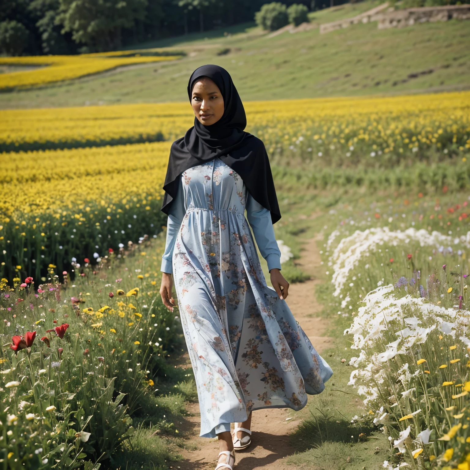 6 Iman supermodel walking through a feild of flowers while wearing a Long modest dress with hijab 