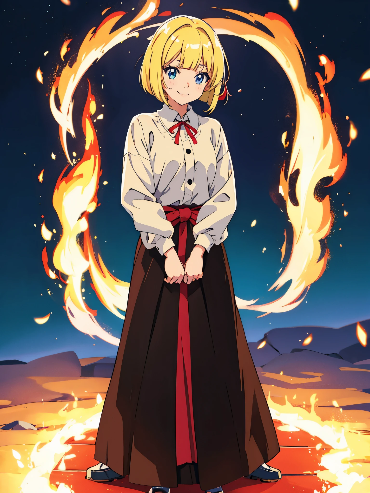 kawaii anime girl standing and smiling in front of fire with blonde bob hair and a hair ribbon in anime