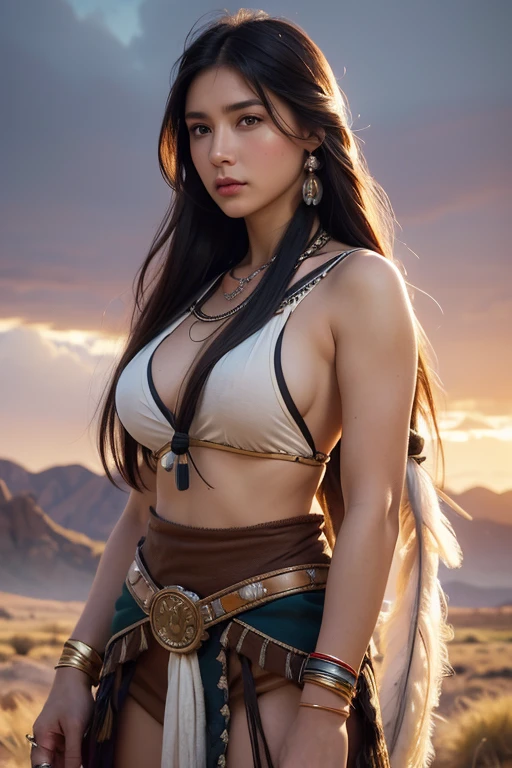 Portrait photo of Marie Avgeropoulas as Pocahontas, Young beautiful Native American woman, Perfect symmetry face, Indigenous Feather Jewelry, Traditional handmade dresses, Armed Female Hunter Warrior, (((Wild west))) environment, Utah Landscape, A hyper-realistic, Concept art, Elegant, ((Convoluted)), ((Highly detailed)), depth of fields, ((professionally color graded)), soft ambient lighting, Dusk, 8K, art by artgerm and greg rutkowski and alphonse mucha