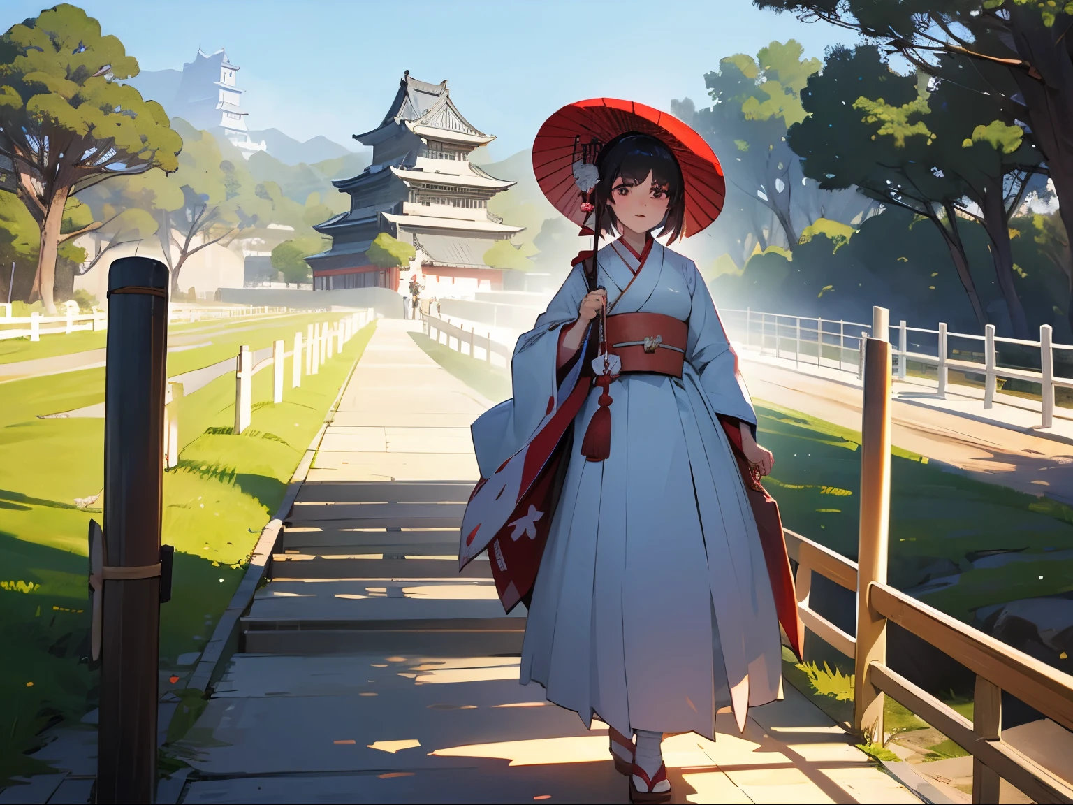 A woman in a traditional Japanese dress touring Himeji Castle。