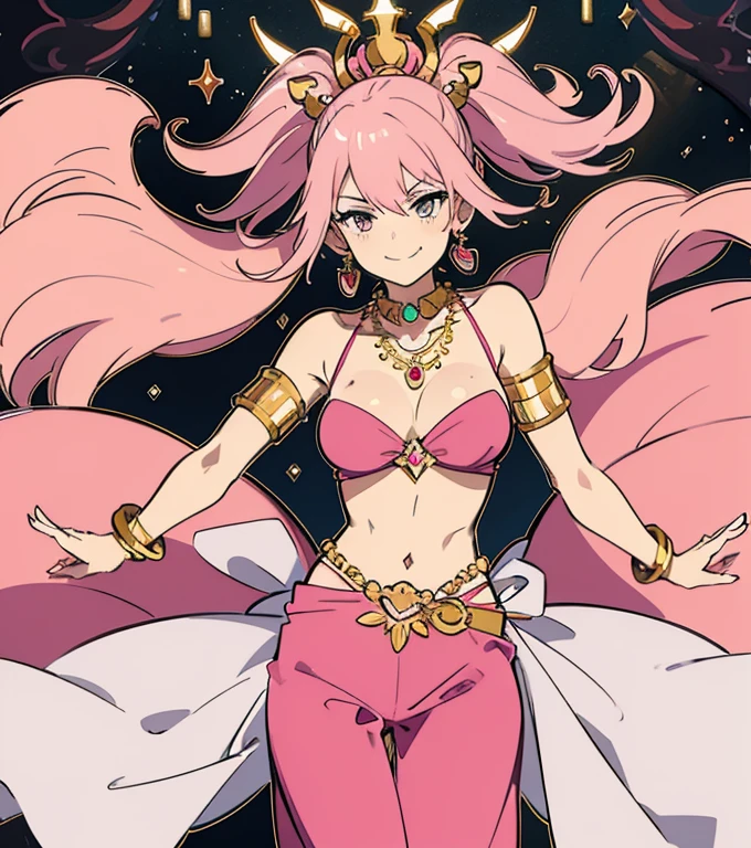 A smug narcissistic pink haired genie woman wearing a golden bra and pink puffy harem pants and lots of jewelry flaunting herself