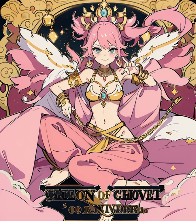 A smug narcissistic pink haired genie woman wearing a golden bra and pink puffy harem pants and lots of jewelry flaunting herself