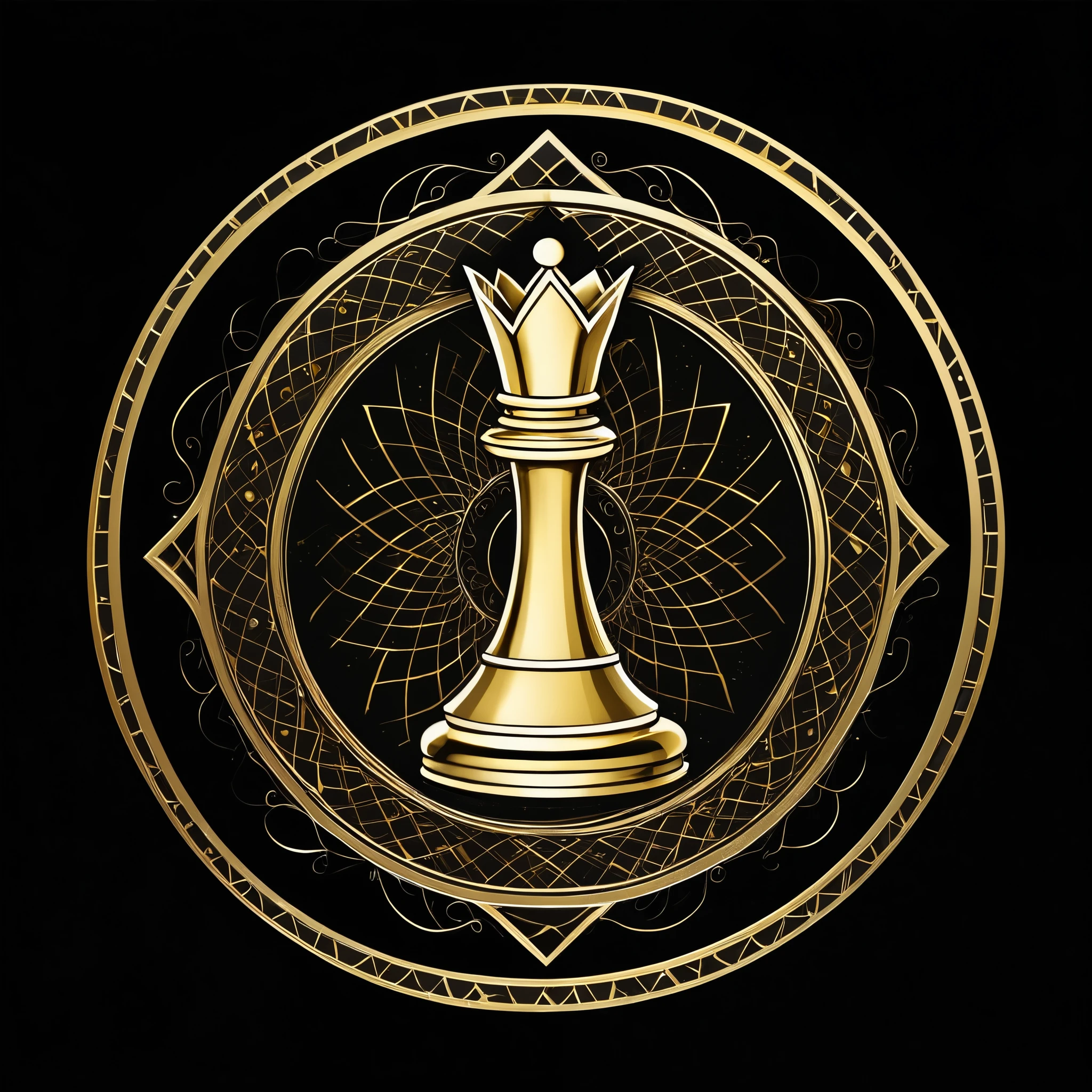 I am making a post for chess academy. I want post having: Geometric chess themes with black and gold background, old school chess coin which is king and kind of fairy look in the middle, and some black gold energy type in wave shape across the image which has very less opacity