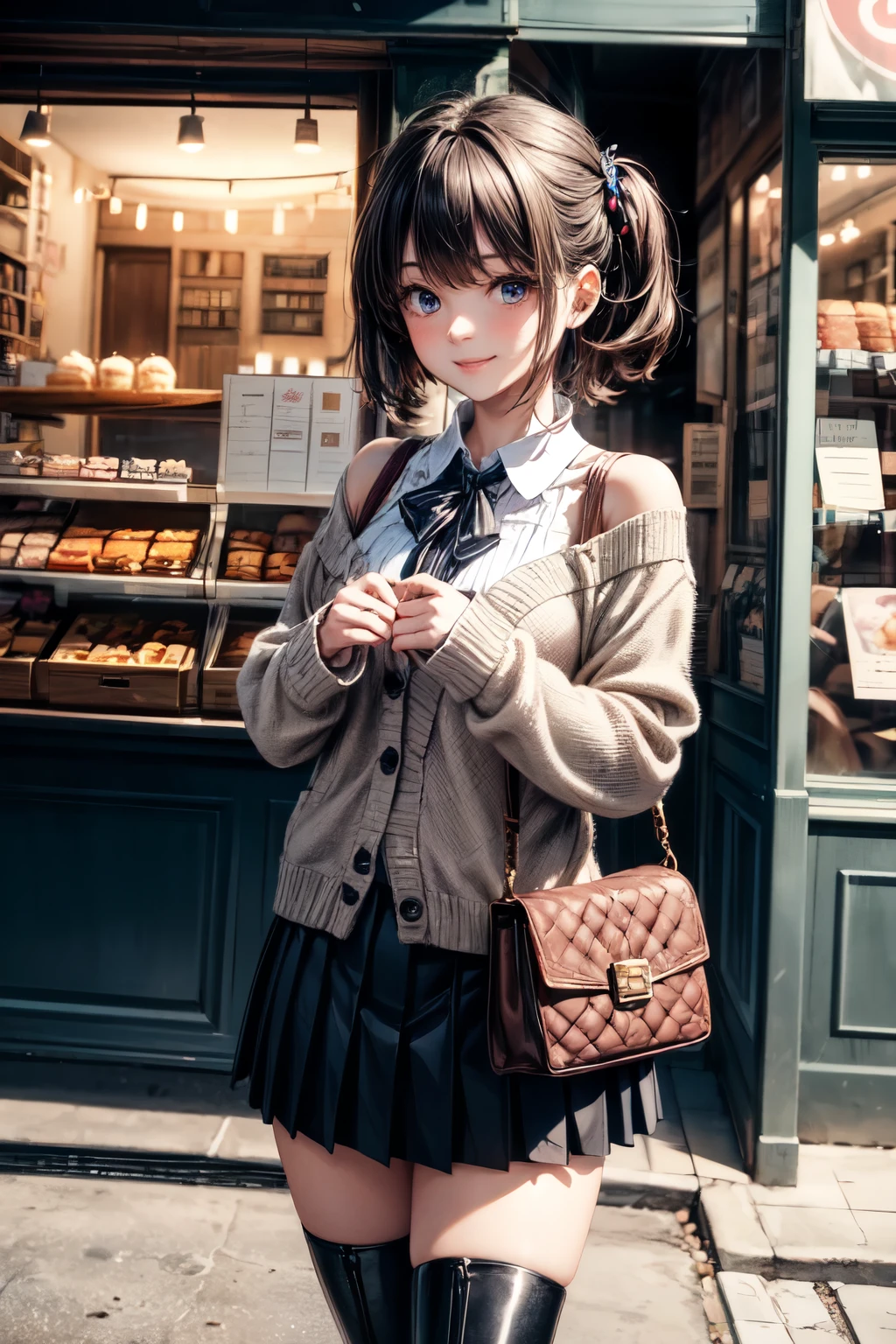 very cute and beautiful girl,teen,(highly detailed beautiful face and eyes),(white blouse),
(smile),cowboy shot,looking at viewer,
(beige cardigan,long sleeve) BREAK zettai ryouiki,brown shoulder bag,(brown boots),
stylish pose,hair ornament,black hair,(pleated black mini skirt:1.2),
standing in front of cake shop show window,downtown street,crowd,people,
(best quality,masterpiece),absurdres,highres,ultra-detailed,extremely detailed,32k,8k resolution,
intricate details,cinematic scene,detailed background,solo,dynamic angle,
natural lighting,hair fluttering in the wind,beautiful detailed sky,perfect hands,