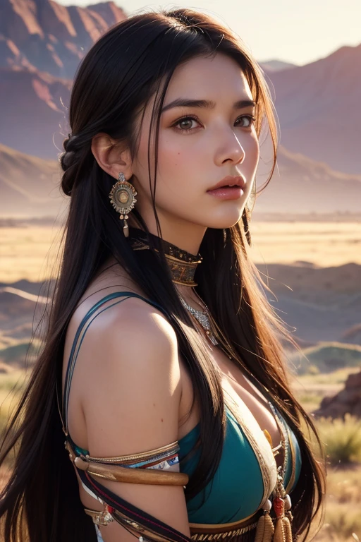 Portrait photo of Marie Avgeropoulas as Pocahontas, Young beautiful Native American woman, Perfect symmetry face, Indigenous Feather Jewelry, Traditional handmade dresses, Armed Female Hunter Warrior, (((Wild west))) environment, Utah Landscape, A hyper-realistic, Concept art, Elegant, ((Convoluted)), ((Highly detailed)), depth of fields, ((professionally color graded)), soft ambient lighting, Dusk, 8K, art by artgerm and greg rutkowski and alphonse mucha