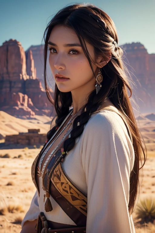Portrait photo of Marie Avgeropoulas as Pocahontas, Young beautiful Native American woman, Perfect symmetry face, Indigenous Feather Jewelry, Traditional handmade dresses, Armed Female Hunter Warrior, (((Wild west))) environment, Utah Landscape, A hyper-realistic, Concept art, Elegant, ((Convoluted)), ((Highly detailed)), depth of fields, ((professionally color graded)), soft ambient lighting, Dusk, 8K, art by artgerm and greg rutkowski and alphonse mucha