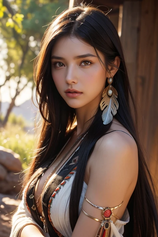 Portrait photo of Marie Avgeropoulas as Pocahontas, Young beautiful Native American woman, Perfect symmetry face, Indigenous Feather Jewelry, Traditional handmade dresses, Armed Female Hunter Warrior, (((Wild west))) environment, Utah Landscape, A hyper-realistic, Concept art, Elegant, ((Convoluted)), ((Highly detailed)), depth of fields, ((professionally color graded)), soft ambient lighting, Dusk, 8K, art by artgerm and greg rutkowski and alphonse mucha