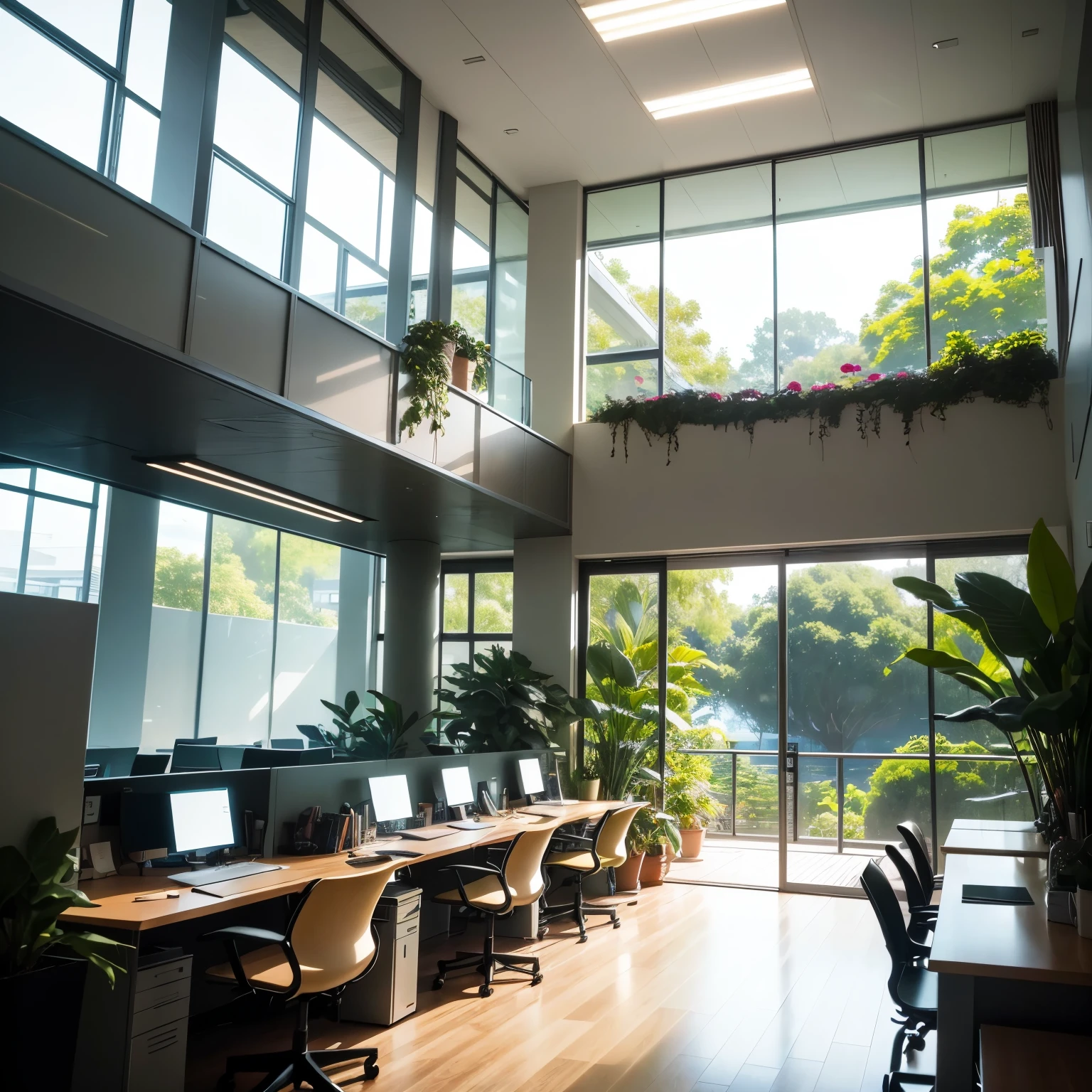 A bustling open-space office designed to harmonize productivity and natural elements. The large room is dotted with several table islands, Each equipped with sleek computers and high-resolution screens, onde as equipes colaboram perfeitamente. Em meio ao burburinho produtivo, An abundance of vibrant flowers and verdant plants are carefully placed, infusing the space with a refreshing touch of nature. Delicate orchids and cascading vines add a touch of color to workstations, while strategically placed aquariums with graceful fish create a sense of tranquility and wonder. Ample natural light floods through the large windows, casting a soft glow over the meticulously arranged tables. Entretanto, Carefully positioned adjustable luminaires ensure an ideal working environment, providing optimal lighting for focused tasks. Esta mistura meticulosamente selecionada de funcionalidade, beleza natural, e tecnologia de ponta cria uma atmosfera inspiradora e revigorante, promover a produtividade e o bem-estar. com o nome Rc.ofertas, business peoples,