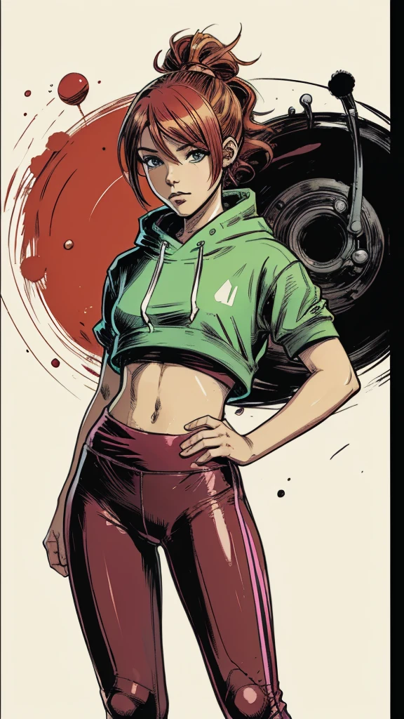 vector image, 2d cartoon,masterpiece,An anime comics woman head with colored hair, sporty leggings, oversized hoodie, art action, painting