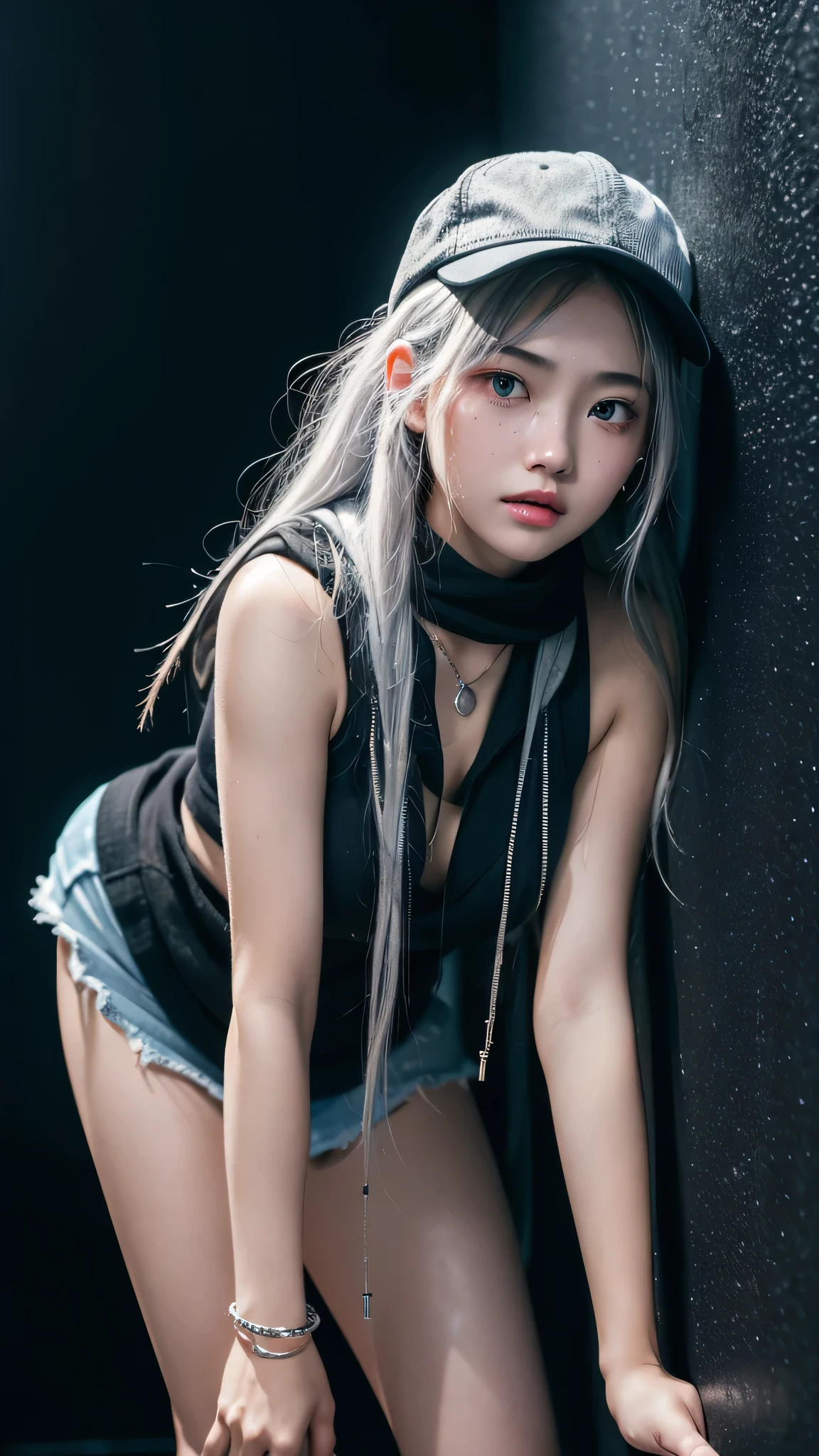最high quality、Best image quality、masterpiece、girl((American、18-year-old、 By becoming、Best Bust、Medium Bust,Wide open breast tea、Red glowing eyes,Silver Hair、Disheveled Hair、Long Hair、thin,The highest valley、Luminous Wristbands、hat、hair ornaments、luminous necklace、Black sleeveless hoodie(1:2)、Blue short skirt、Disheveled clothing、Show the whole body,Low - Angle、Hacker-like、sweating、lure、Leaning against a wall、Black scarf、Have a smartphone、)),high quality、Beautiful art、background((Black Wall、Black Room、Black bed、Black TV、Black chair))、Flight、Flying debris、Written boundary depth、movie、Visual Arts、Perfect art、8K,Genuine,