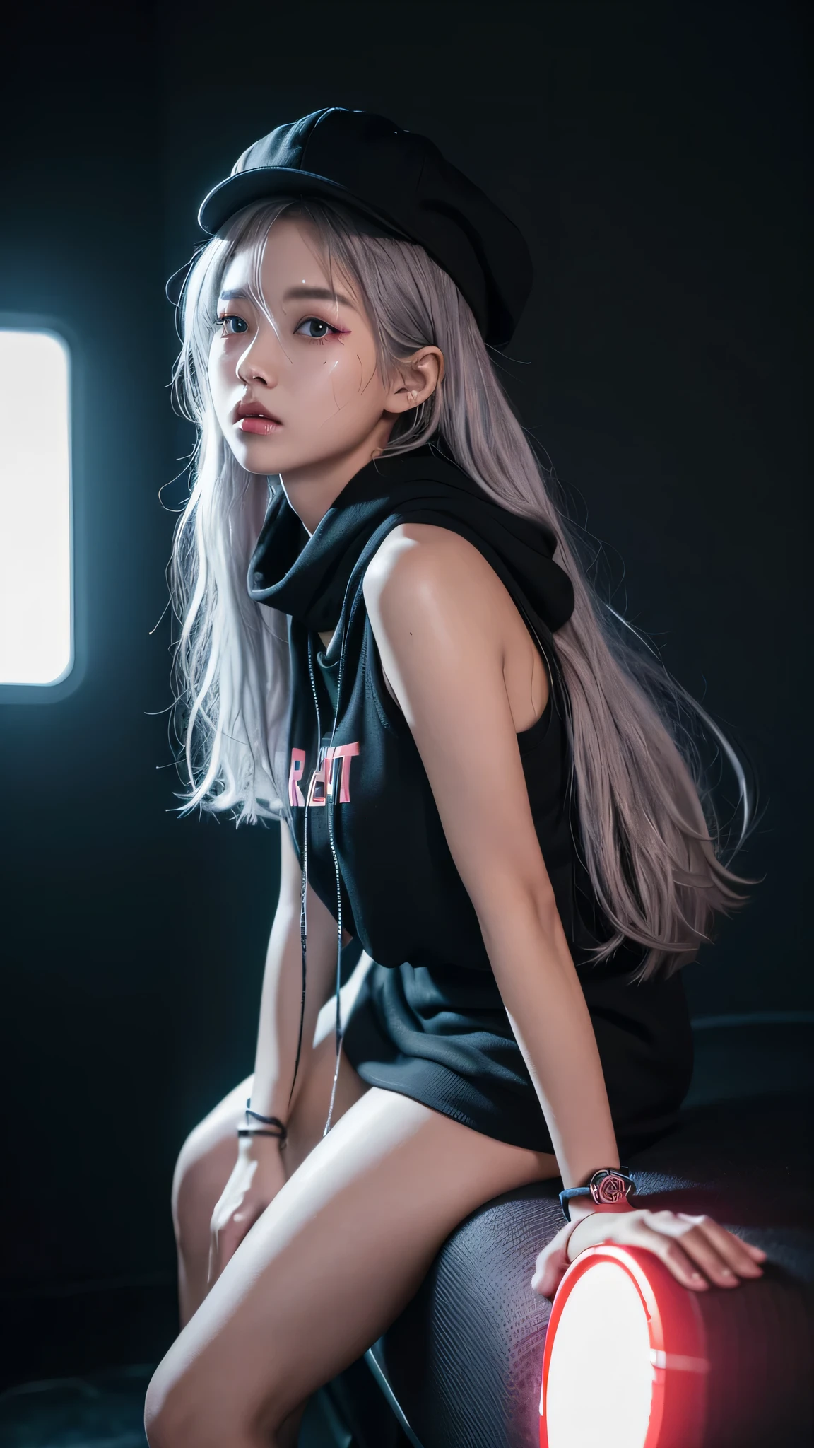 最high quality、Best image quality、masterpiece、girl((American、18-year-old、 By becoming、Best Bust、Medium Bust,Wide open breast tea、Red glowing eyes,Silver Hair、Disheveled Hair、Long Hair、thin,The highest valley、Luminous Wristbands、hat、hair ornaments、luminous necklace、Black sleeveless hoodie(1:2)、Blue short skirt、Disheveled clothing、Show the whole body,Low - Angle、Hacker-like、sweating、lure、Leaning against a wall、Black scarf、Have a smartphone、)),high quality、Beautiful art、background((Black Wall、Black Room、Black bed、Black TV、Black chair))、Flight、Flying debris、Written boundary depth、movie、Visual Arts、Perfect art、8K,Genuine,