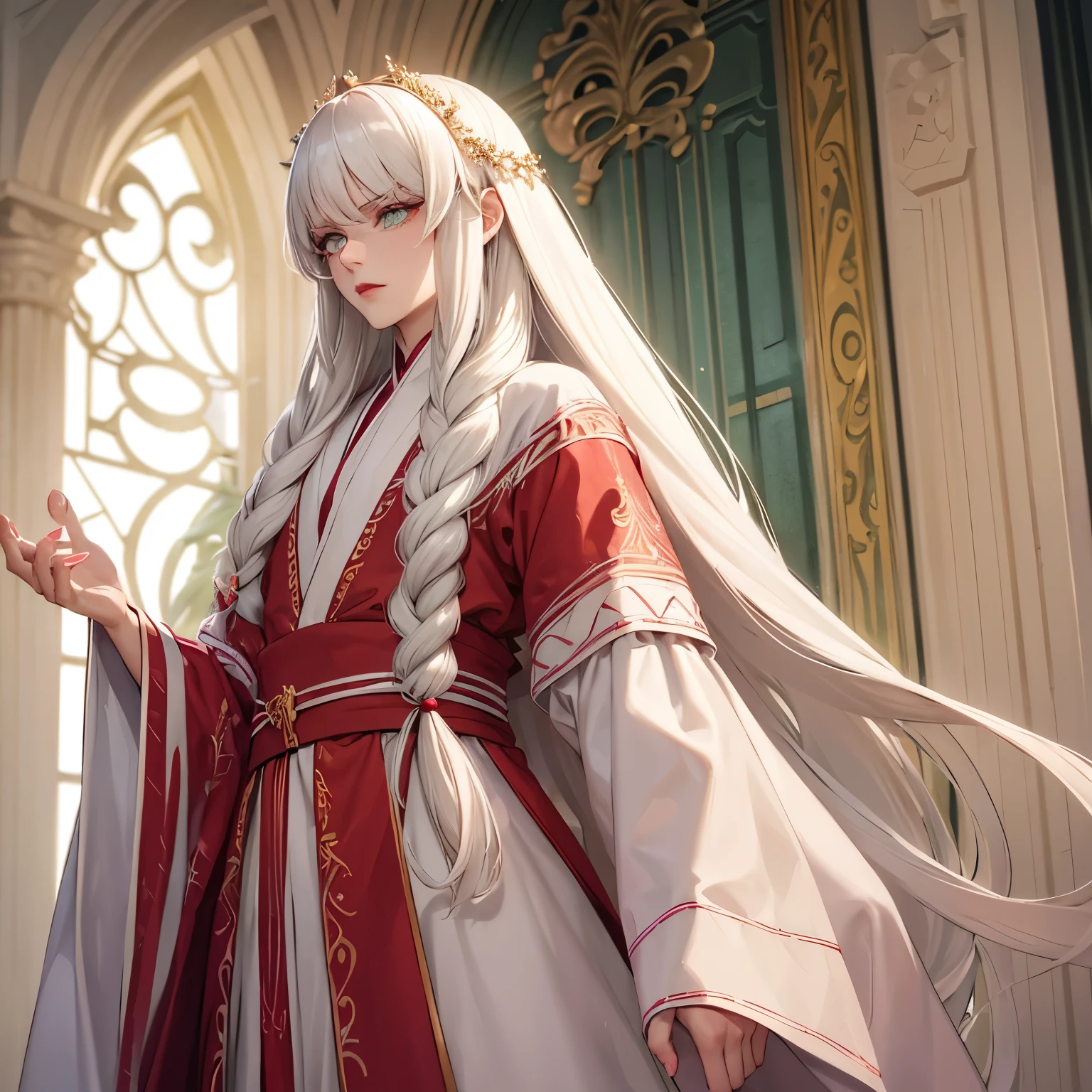 A beautiful man, long white hair, sage green eyes, long lashes, broad shoulders, little waist,, tall, wearing a colorful robe, natural red lips, elegant, pink nails, manly, sharp eyes
