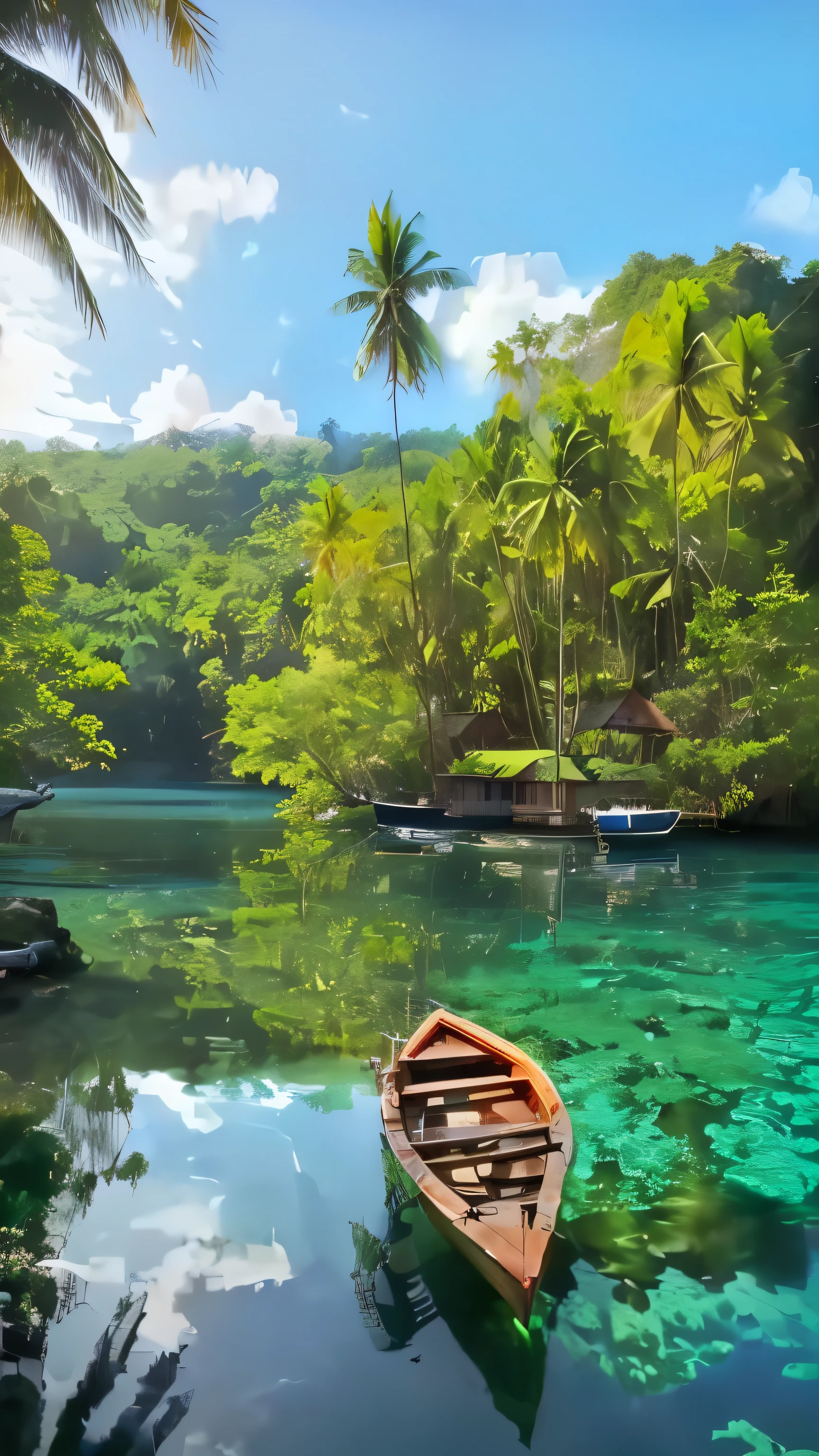 there is a boat that is floating in the water near the trees, beautiful place, stunning nature in background, beautiful environment, paradise in the background, tropical location, crystal clear water, indonesia national geographic, tropical landscape, serene environment, tropical setting, natural landscape beauty, stunning screensaver, very very beautiful scenery, travel, river with stunning water, tropical paradise