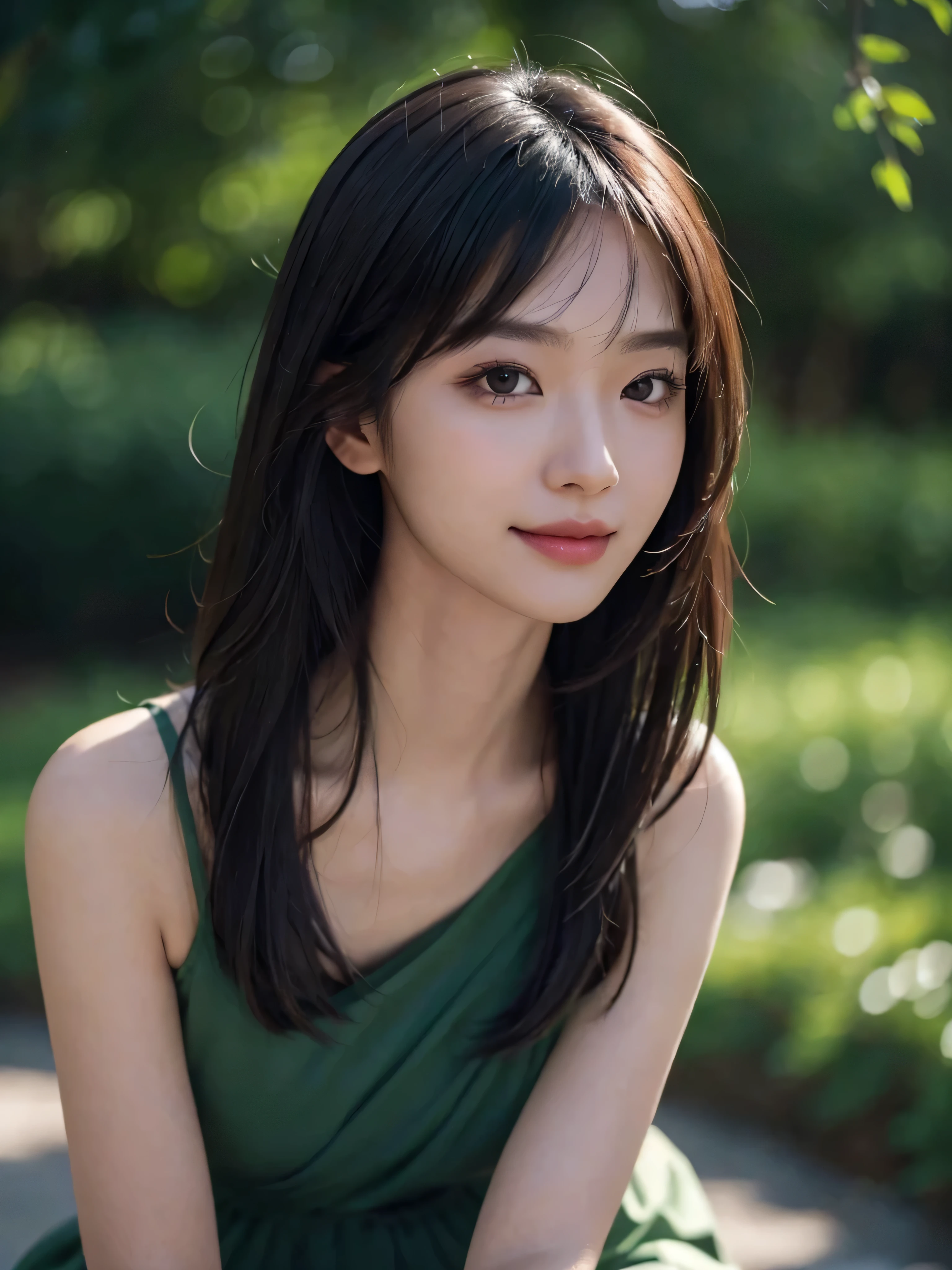 Masterpiece, best picture quality, high quality, beautiful woman, Japanese, popular Korean makeup, detailed, swollen eyes, detailed eyes, detailed skin, beautiful skin, ultra high resolution, (reality: 1.4),very beautiful, slightly younger face, beautiful skin, slender, (ultra realistic), (illustration), (high resolution), (8K), (very detailed) (best illustration), (beautifully detailed eyes), (super detailed), (wallpaper), (detailed face), looking at viewer, fine details, detailed face, pureerosfaceace_v1, smiling, looking straight ahead, looking straight ahead, angle from waist up, realistic photo, bright lighting, professional lighting, black hair (some of hair part green), long hair, dark ruins, big red moon, gorgeous red and black dress, mature woman, long stylish bangs,