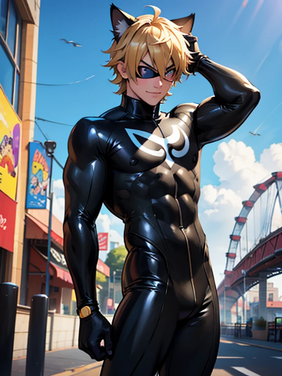 cat noir, golden hair, black cat ears, in black tight bodysuit, wearing eye mask, muscle tone, a close up of a boy in a cat suit with a roller coaster in the background, miraculous ladybug, miraculous, catboy, animated film, animated movie, new cats movie, frame from pixar movie, 3 d animated movie, animated movie still, anime catboy, animated movie scene, pixar movie screenshot, marvelous, cat boy, animated movie shot, beautiful young catboy