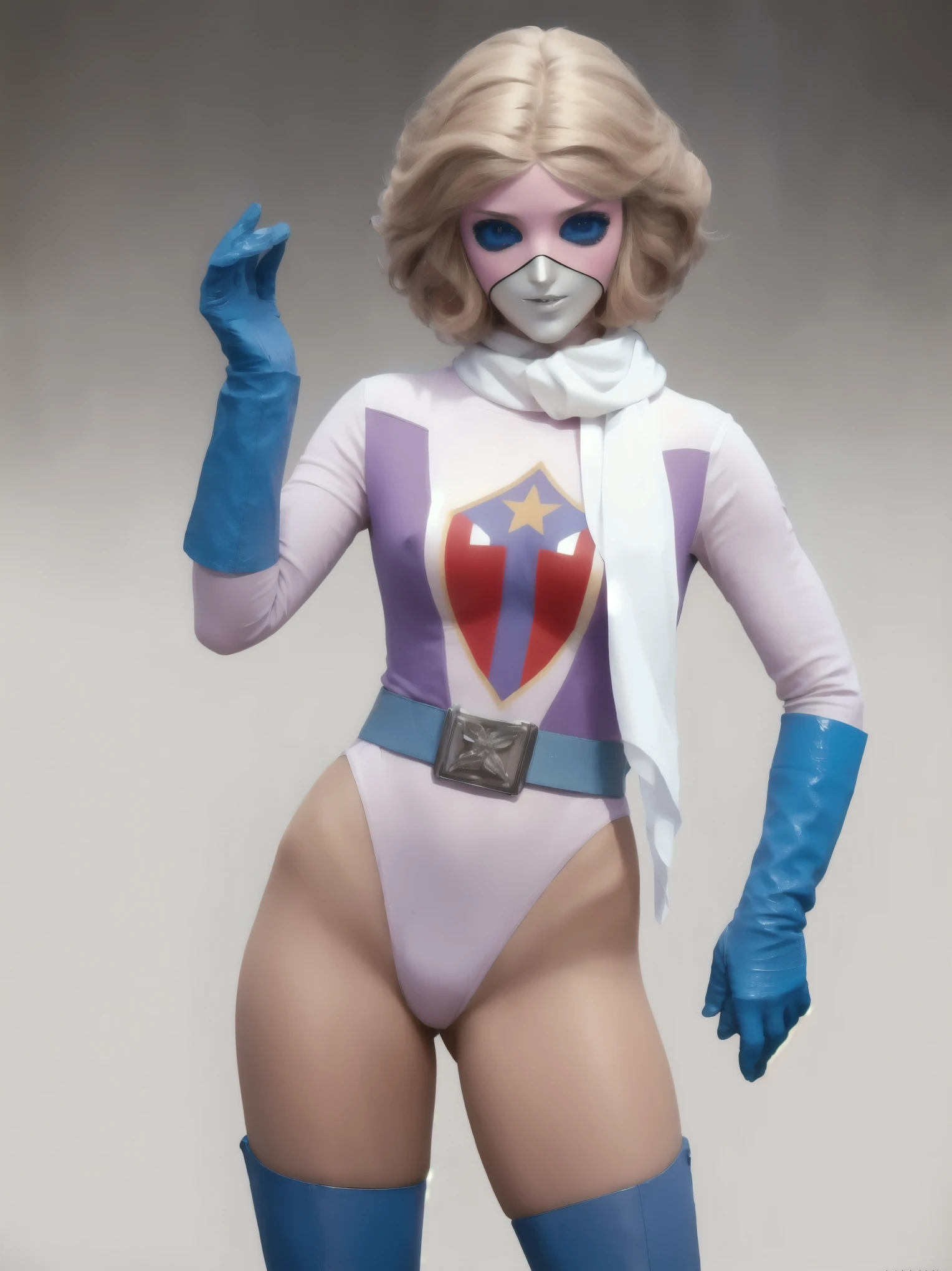 1girl:1.5, masterpiece, best quality, best detail, best proportion, best anatomy, best face, best shaped breasts, (Photorealistic:1.37, Real), High-definition CG integrated 8K wallpaper, Digital SLR, Soft lighting, missamerica, battle fever j, power ranger, blonde hair, short hair BREAK mask, masked BREAK pink leotard BREAK blue gloves, blue boots, belt BREAK white scarf BREAK quarry(background):1.6, standing,