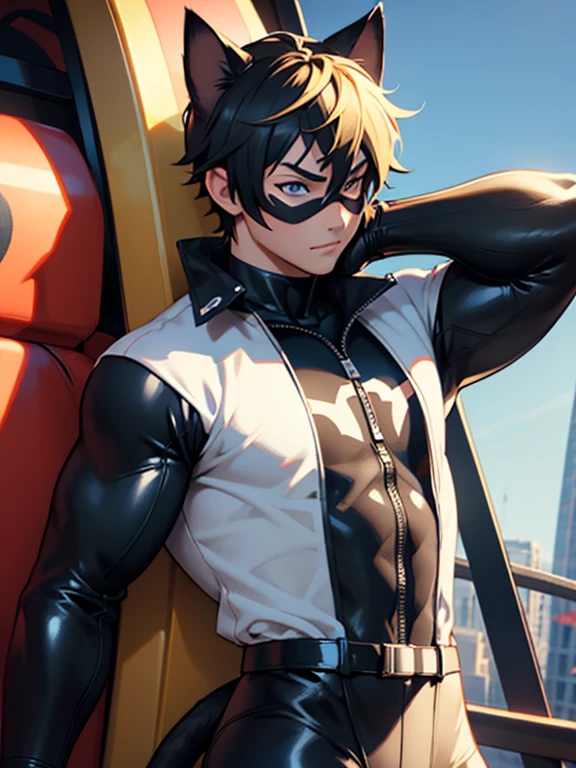 cat noir, 1boy, male focus, 15 years old, golden hair, black cat ears, in black tight bodysuit, wearing eye mask, muscle tone, a close up of a boy in a cat suit with a roller coaster in the background, miraculous ladybug, miraculous, catboy, animated film, animated movie, new cats movie, frame from pixar movie, 3 d animated movie, animated movie still, anime catboy, animated movie scene, pixar movie screenshot, marvelous, cat boy, animated movie shot, beautiful young catboy