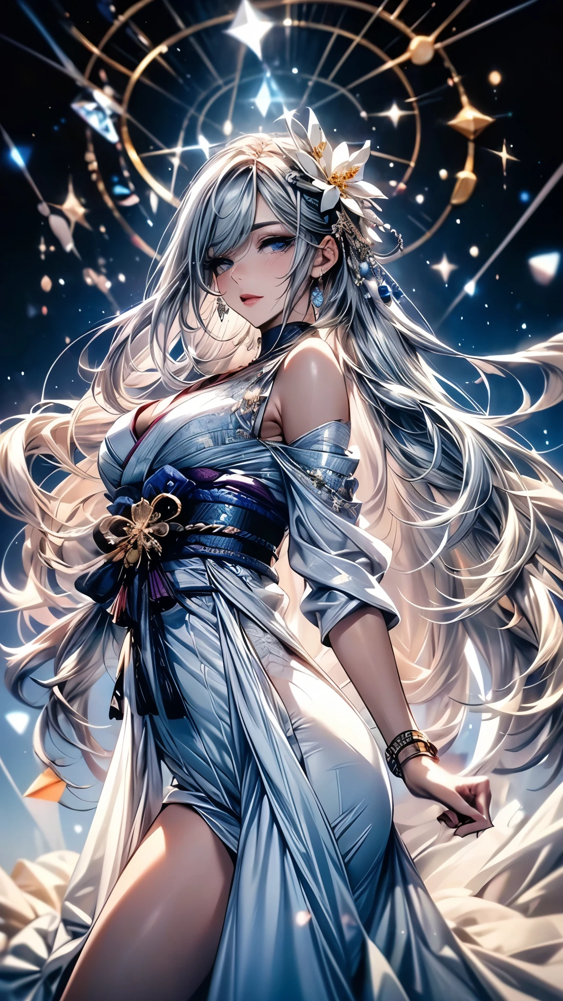 (Ultra-delicate), (Clear focus), (high resolution), Deformed depth of field blurred background, Detailed background, Perfect layer cutting, Atmospheric distance sense, (((full-body shot))), wallpaper, (((Silver hair gradient streaked light blue end))), beauty face, (((focus on eyes))), Ultra-detailed facial texture, ((Clear light blue eyes)), thin eyebrows, long upper eyelashes, double eyelids, Upper Eye, High-fidelity eyes, (Super detailed eyes), Sexy and attractive lips, Richly detailed lips, White skin, delicate skin, Micro light, complicated, familiar, black magician, particle, constellation, Stardust, universe, ((flower)), comfortable peace, peaceful, Japan, Himiko, kimono, With crystal, Fortune Telling, time and space, artistic, 8K